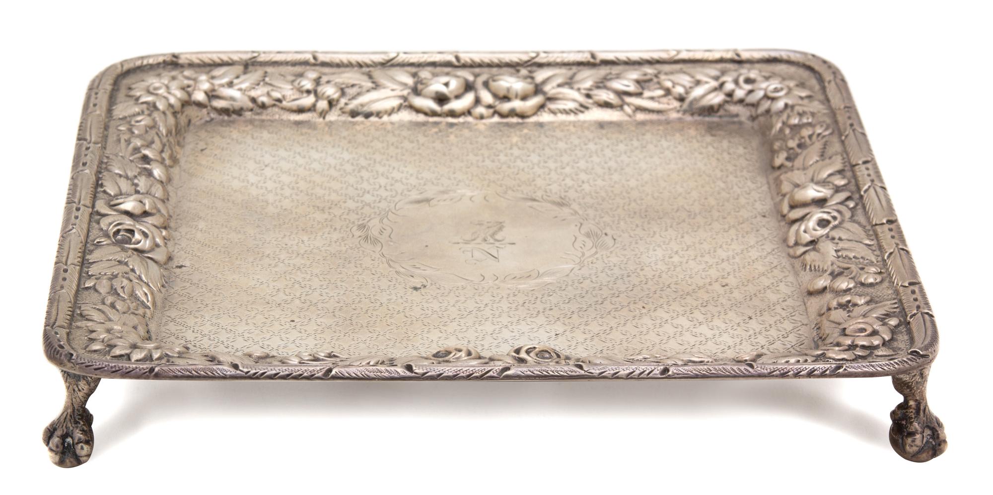 An American Silver Footed Square Tray, Andrew Ellicott Warner, Baltimore, MD, 19th Century, having repousse border of roses, with centr