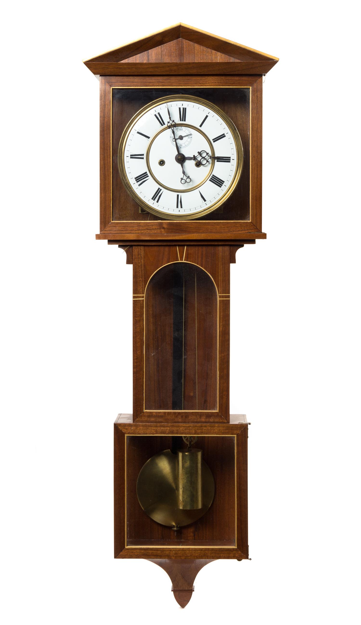A Biedermeier Mahogany and Birch Banded Wall Clock, Height 35 inches.