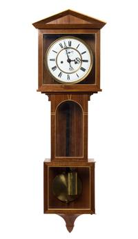 A Biedermeier Mahogany and Birch Banded Wall Clock, Height 35 inches.