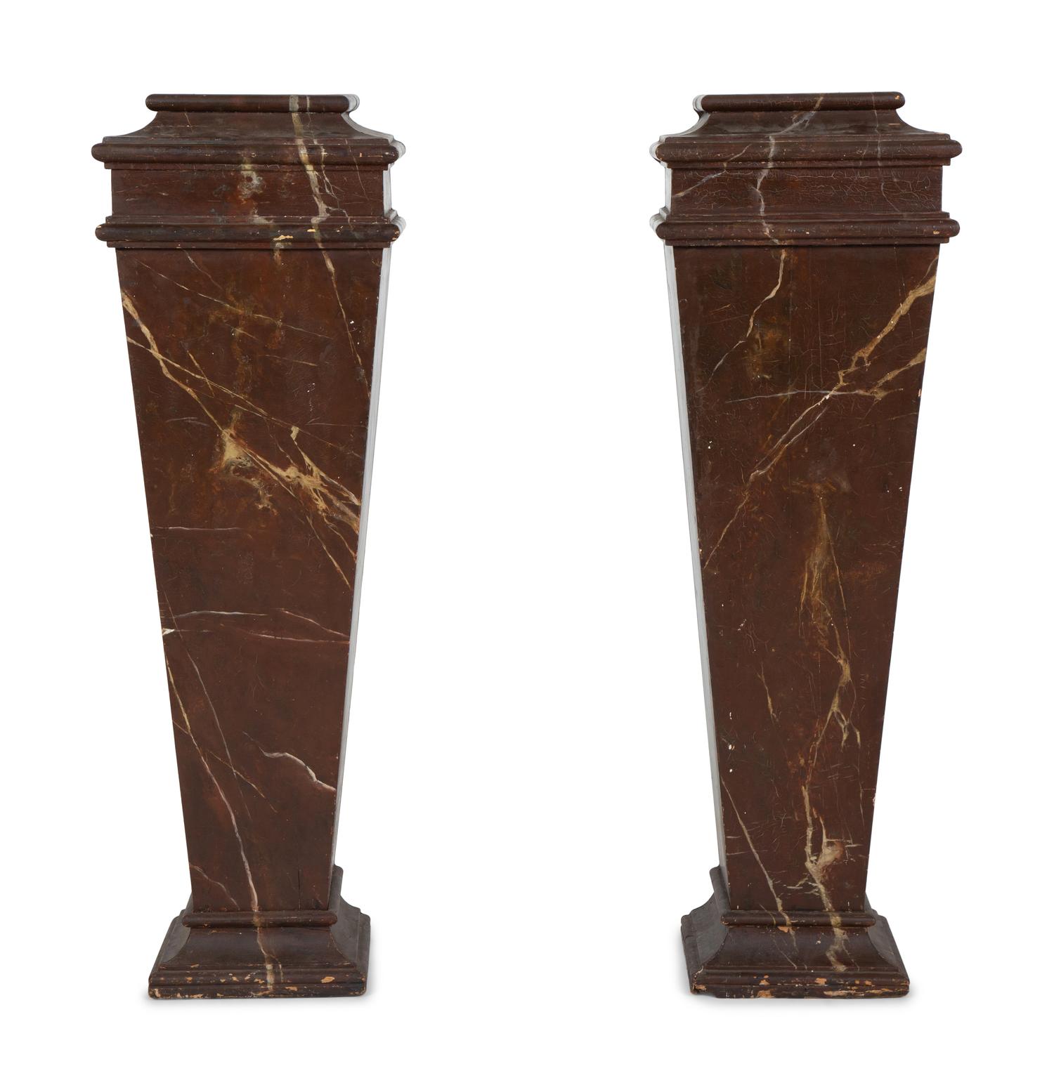 A Pair of Verdigris Patinated Terracotta Urns on Faux Marble Painted Pedestals