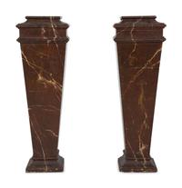 A Pair of Verdigris Patinated Terracotta Urns on Faux Marble Painted Pedestals