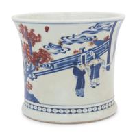 Two Chinese Underglaze Blue and Copper Red Porcelain Brushpots, Bitong