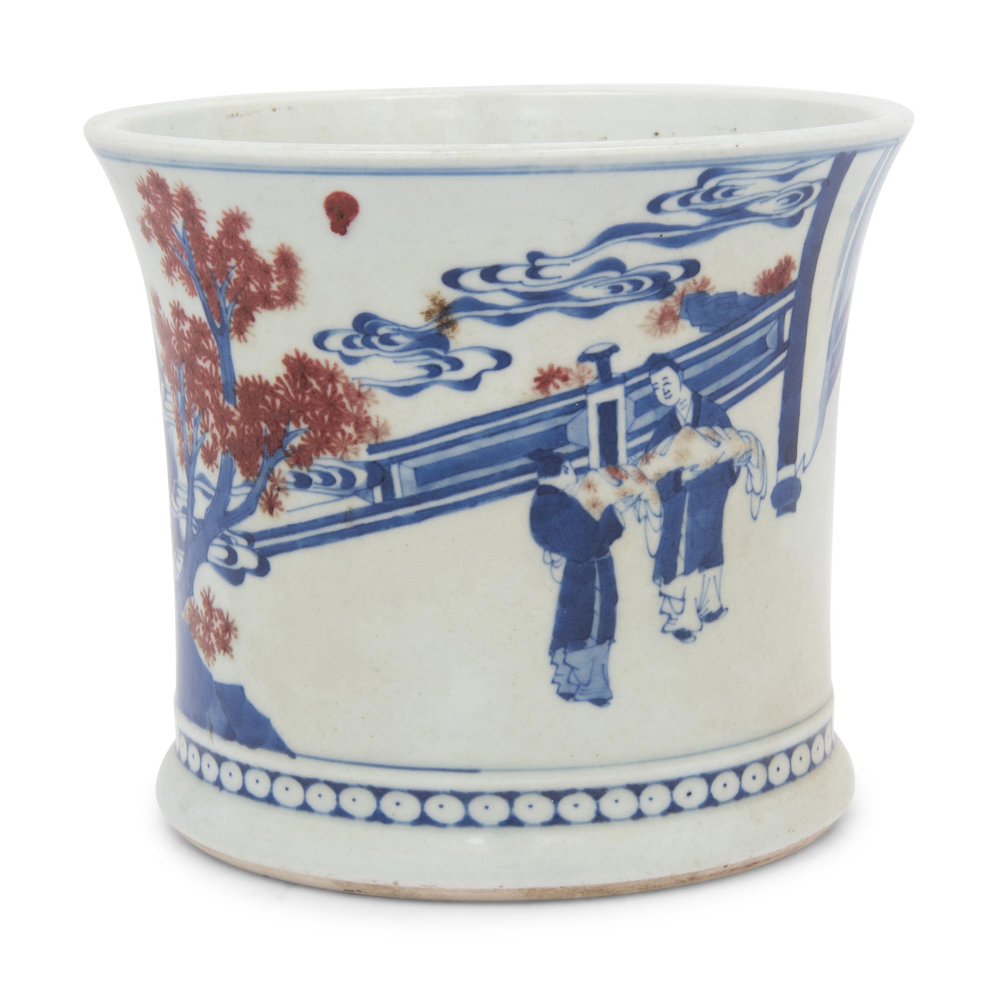 Two Chinese Underglaze Blue and Copper Red Porcelain Brushpots, Bitong