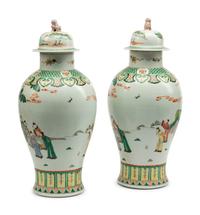 A Pair of Chinese Export Famille Verte Porcelain Covered Jars