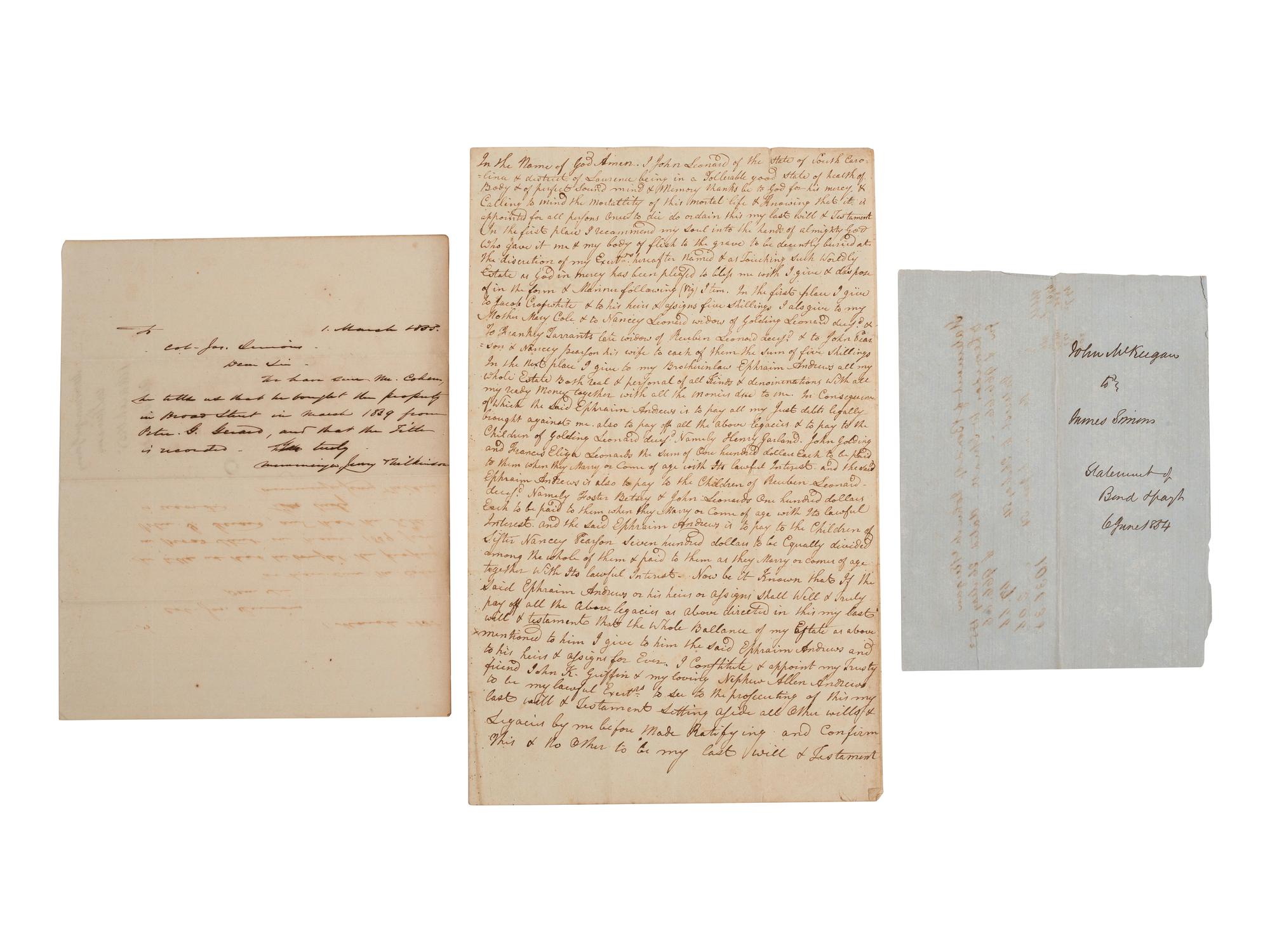 [SOUTH CAROLINA]. Group of 19th-century legal documents, including: