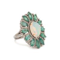 OPAL, EMERALD AND DIAMOND RING