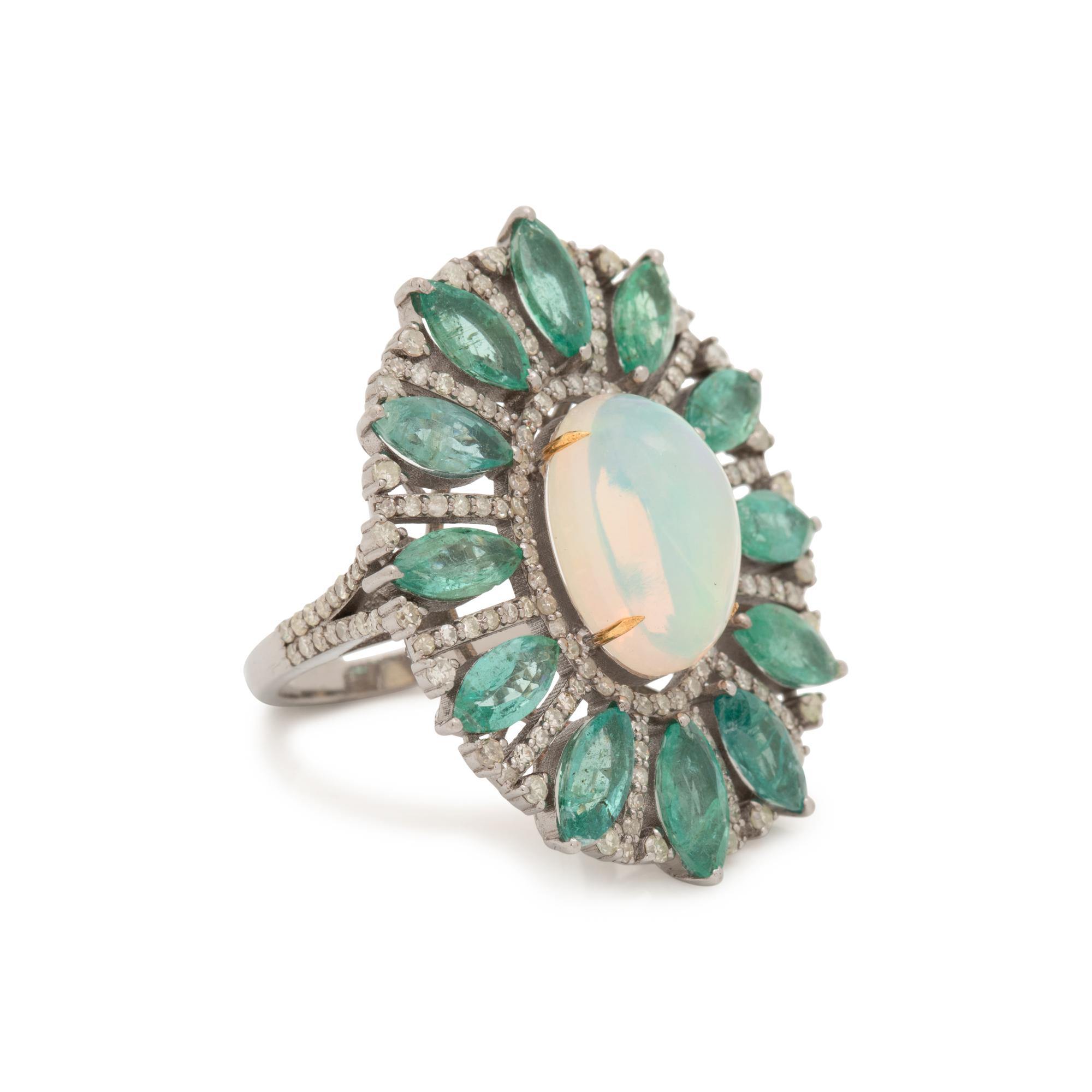 OPAL, EMERALD AND DIAMOND RING