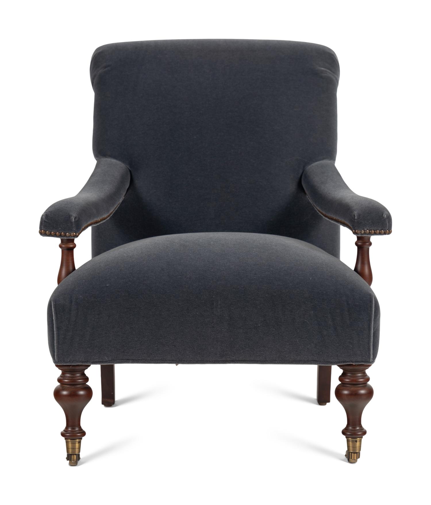 An English Velvet Upholstered Open Armchair