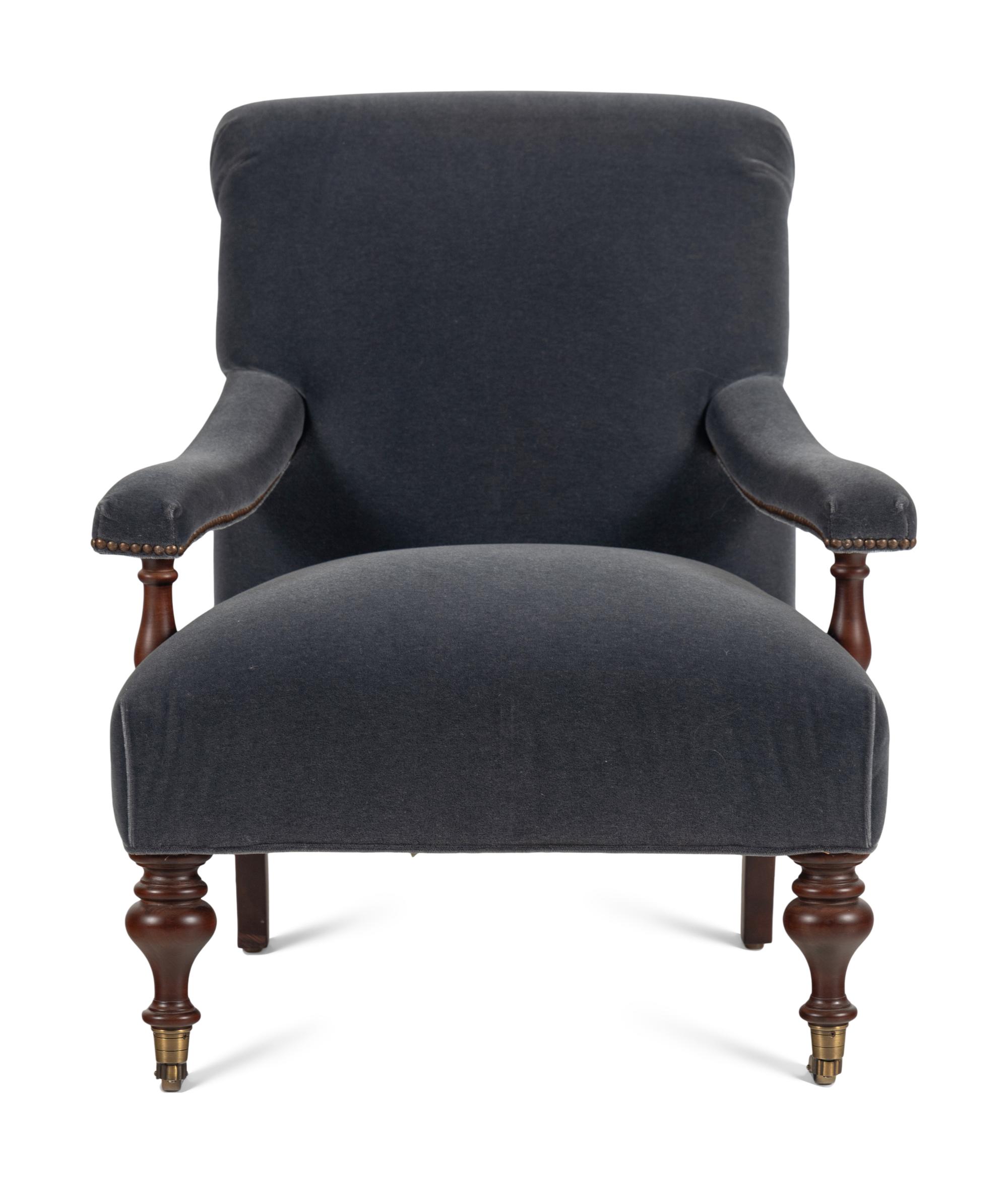 An English Velvet Upholstered Open Armchair