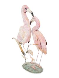 A Tole Peint Model of Two Flamingos and a Glazed Earthenware Model of a Flamingo