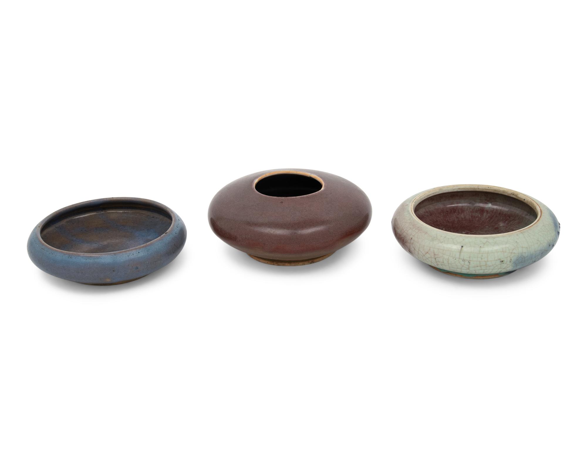 Three Porcelain Monochrome Glazed Circular Brush Washers