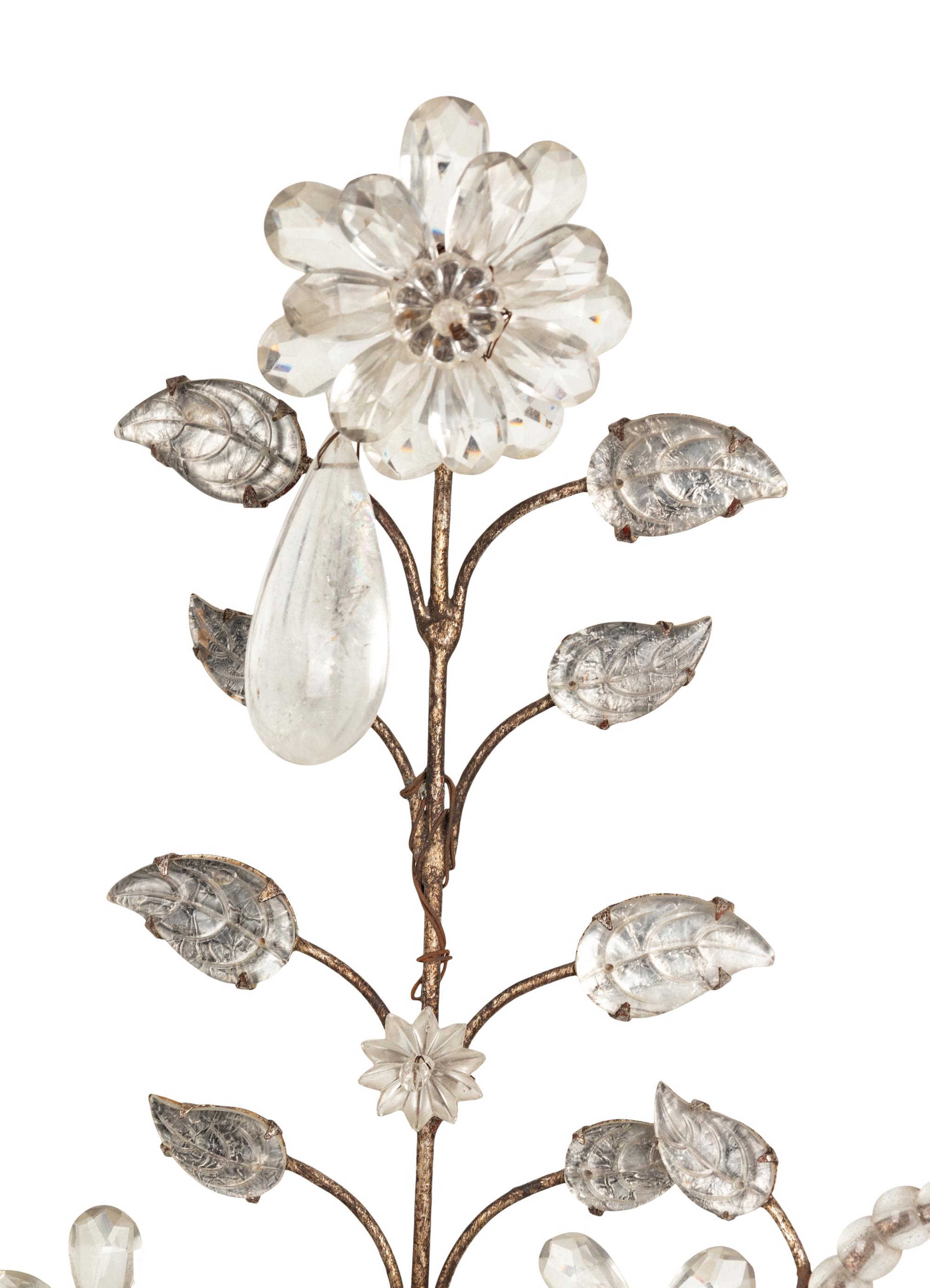 A Pair of French Silvered-Metal, Glass and Rock Crystal Two-Light Candelabra
