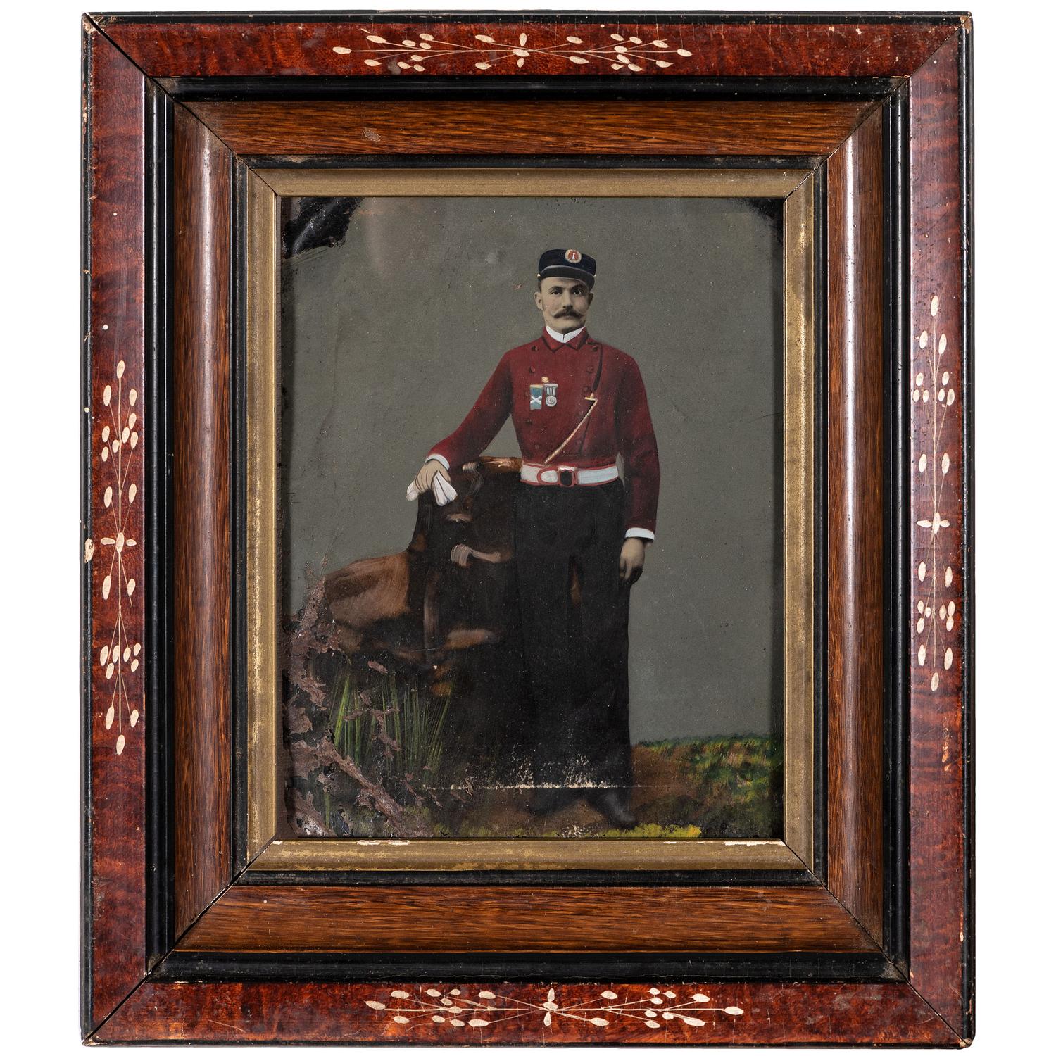 [EARLY PHOTOGRAPHY - PORTRAITURE]. A group of 6 folk art hand-painted tintypes of soldiers in uniform, comprising: