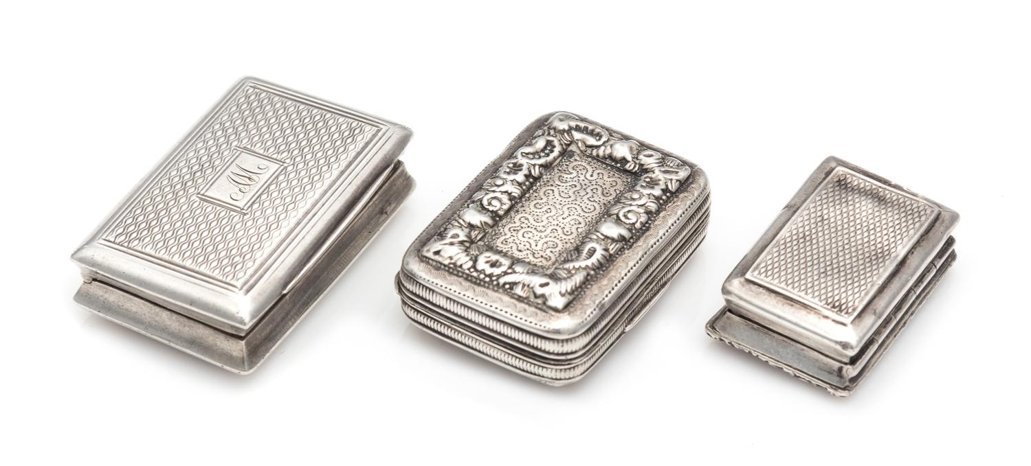 Three Georgian Silver Vinaigrettes, Various Makers, Birmingham, 1816-1824, each of rectangular form, centered by an engraved cartouche