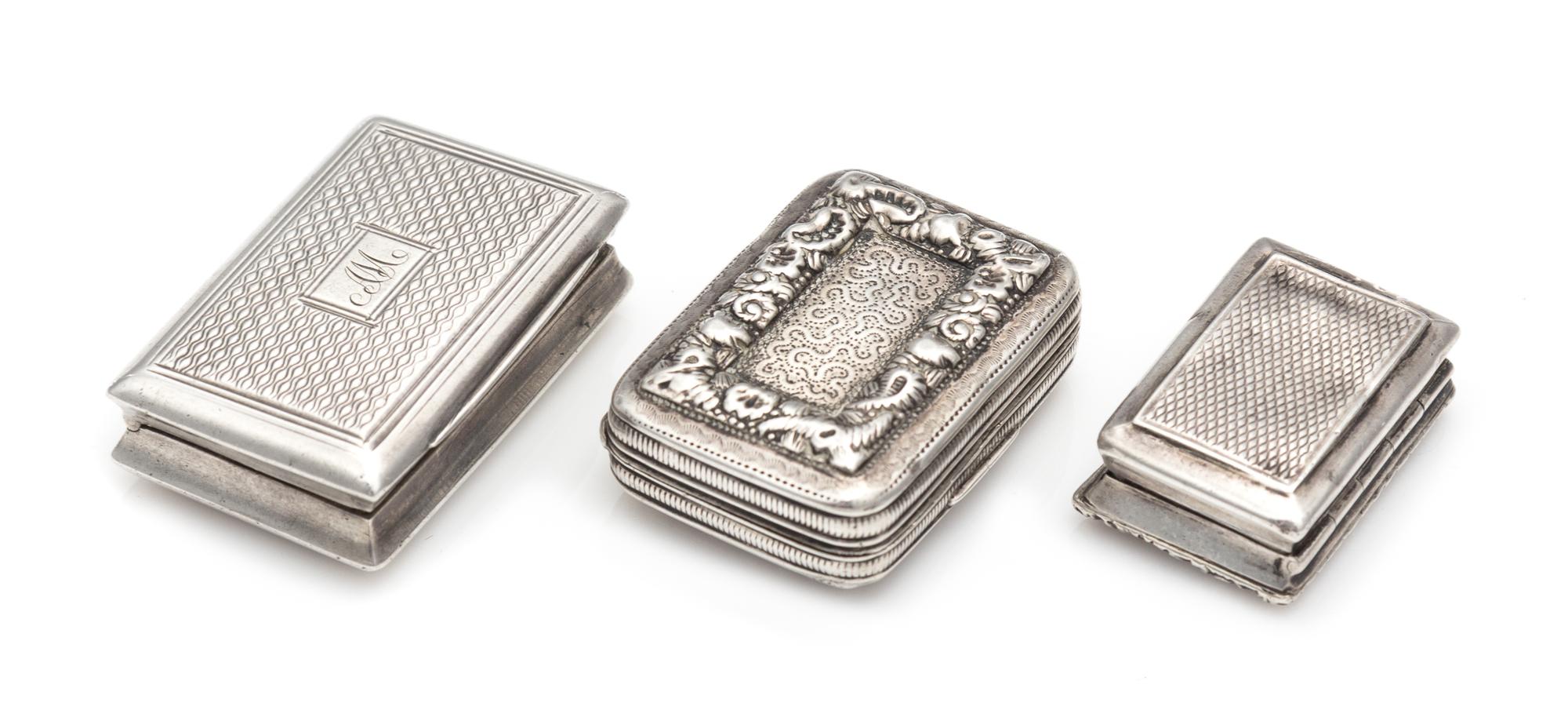 Three Georgian Silver Vinaigrettes, Various Makers, Birmingham, 1816-1824, each of rectangular form, centered by an engraved cartouche