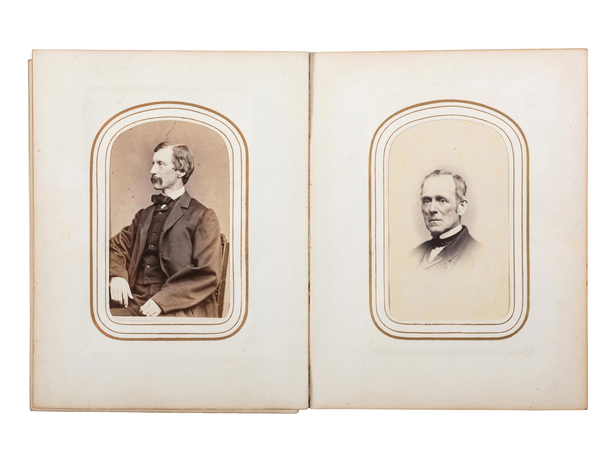 [CIVIL WAR]. CDV album containing 3 portraits of soldiers, highlighted by studio portrait of Brevet Brigadier General and Congressman Aaron Fletcher Stevens, including: