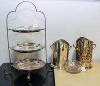 A Collection of Silver and Silver-Plate Table Articles, Various Makers, comprising a three-tiered cake tray, a covered glass jar and tw
