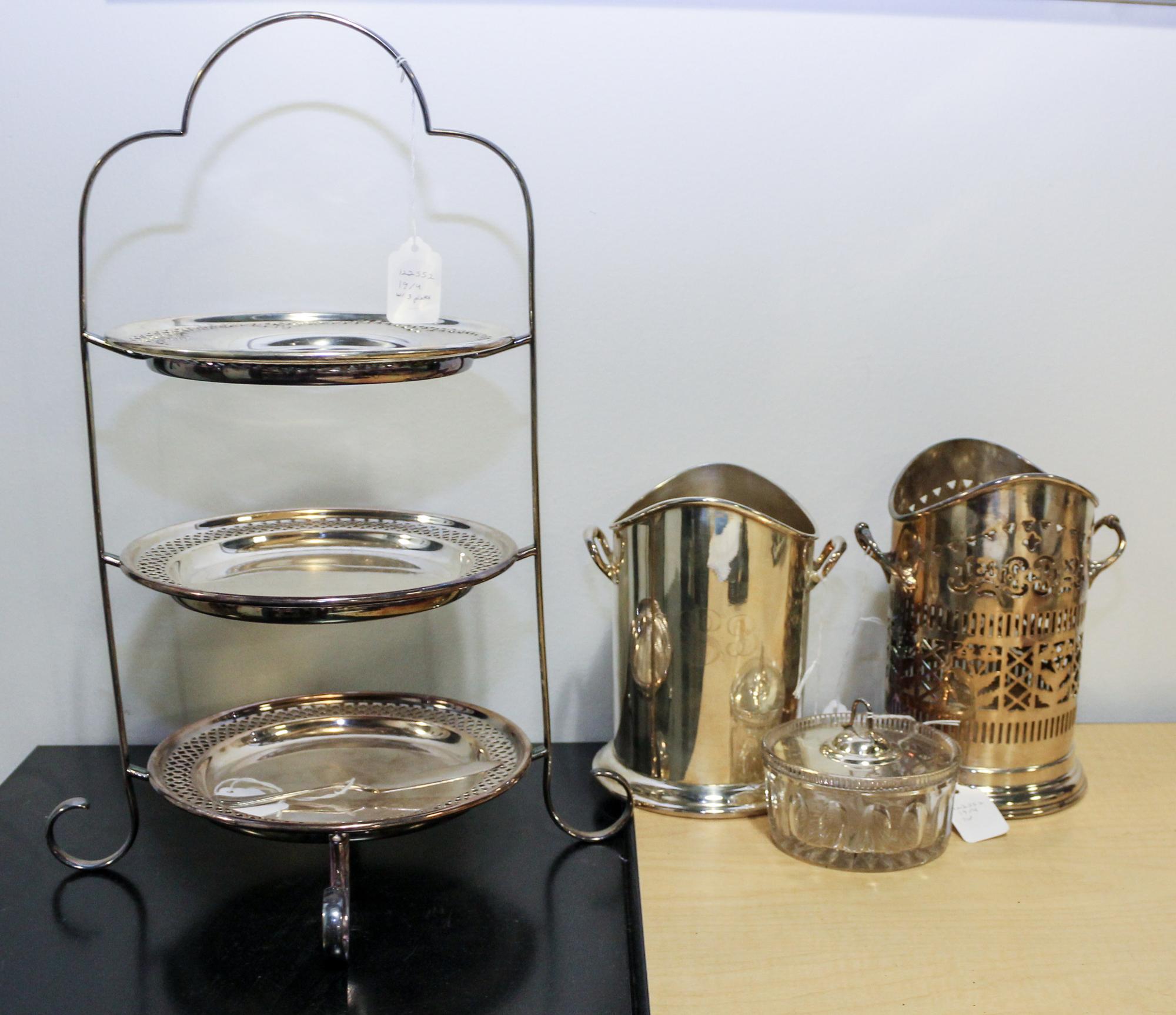 A Collection of Silver and Silver-Plate Table Articles, Various Makers, comprising a three-tiered cake tray, a covered glass jar and tw