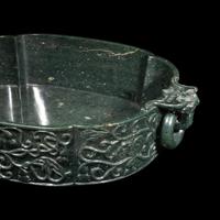 A Chinese Spinach Jade Marriage Bowl, Late Qing/Republic Period 晚清/民國 碧玉雕福祿萬代雙蝠活耳洗