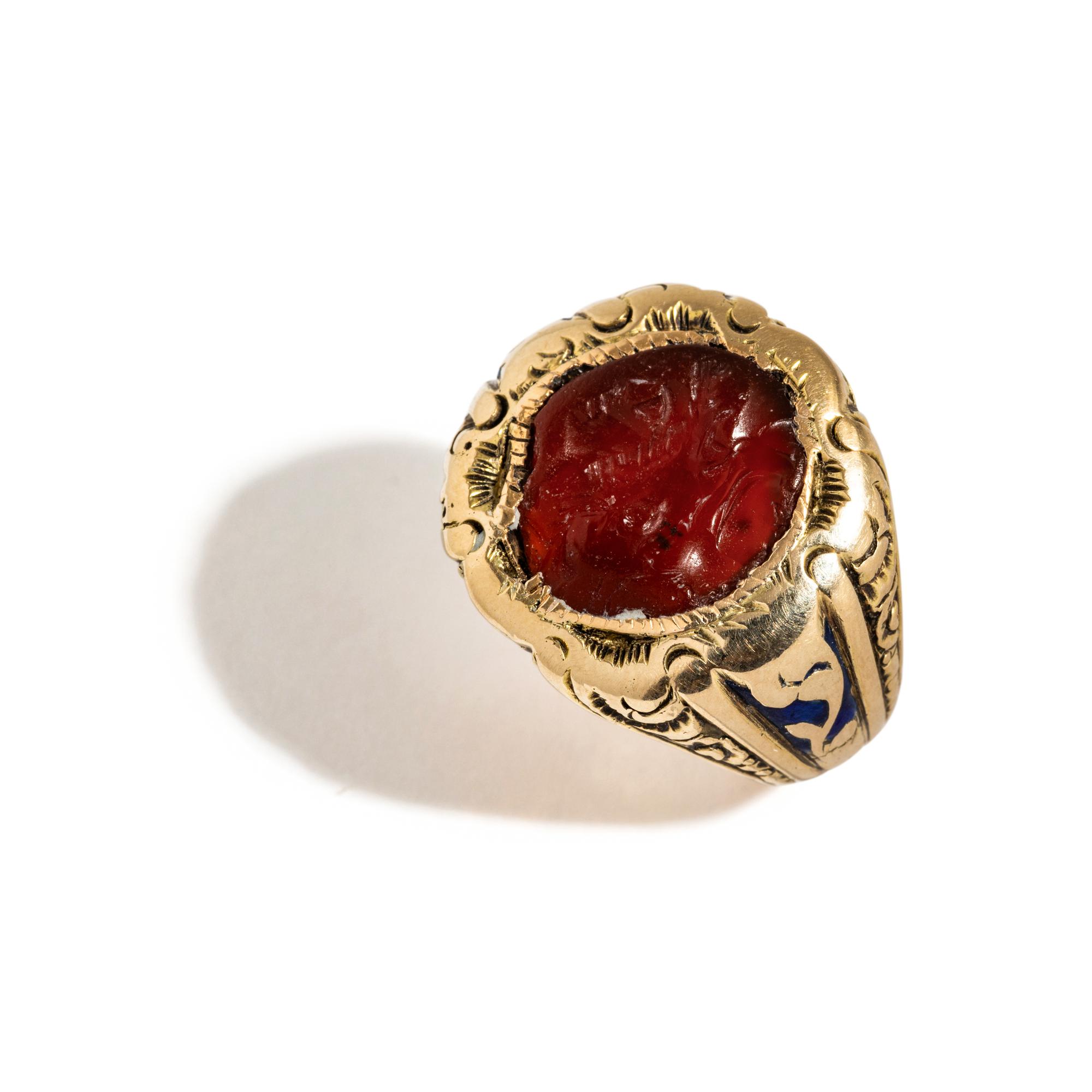 A Roman Carnelian Ring Stone with a Gryllos — Set in a gold ring