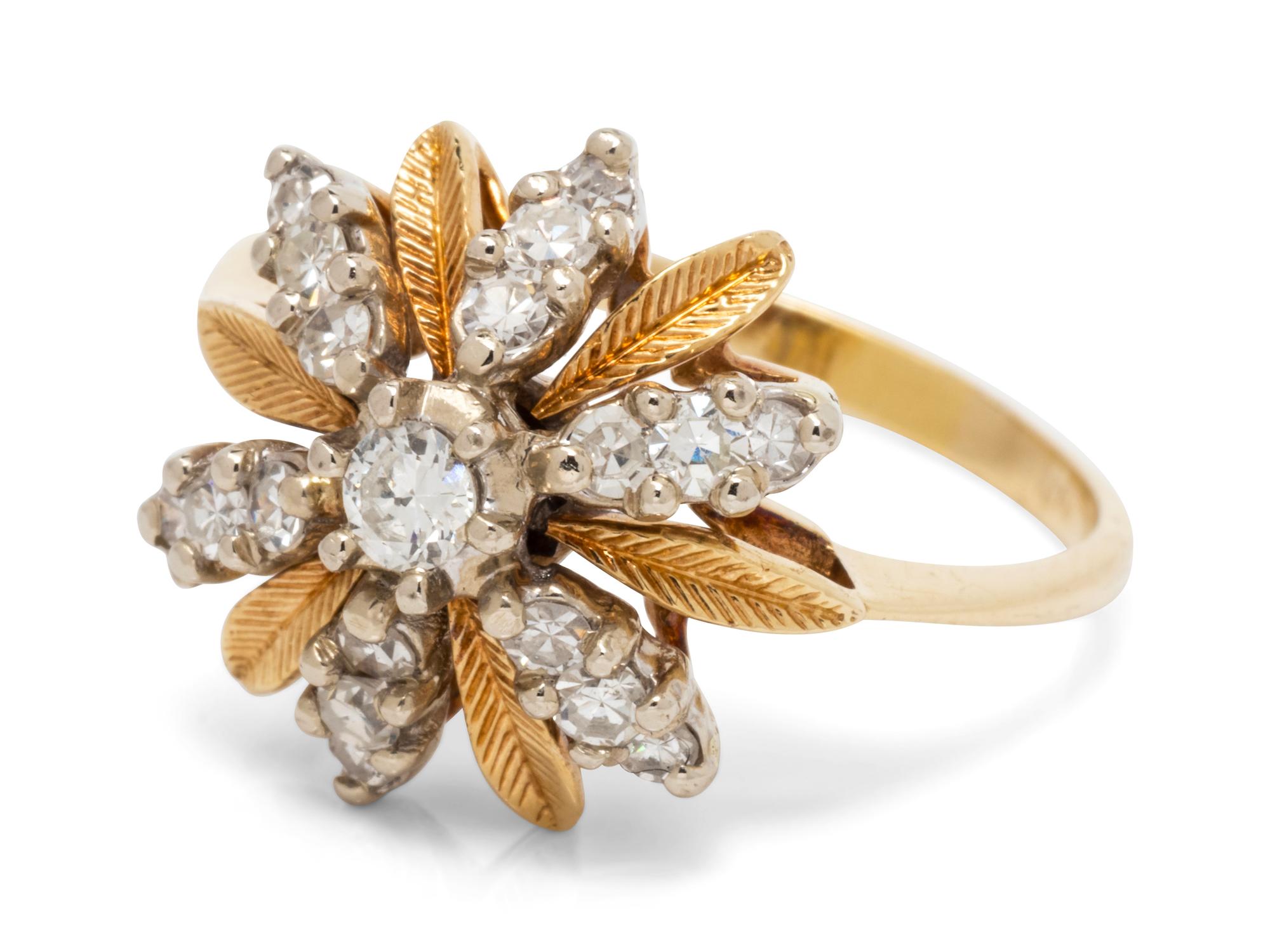 A Yellow Gold and Diamond Flower Motif Ring,