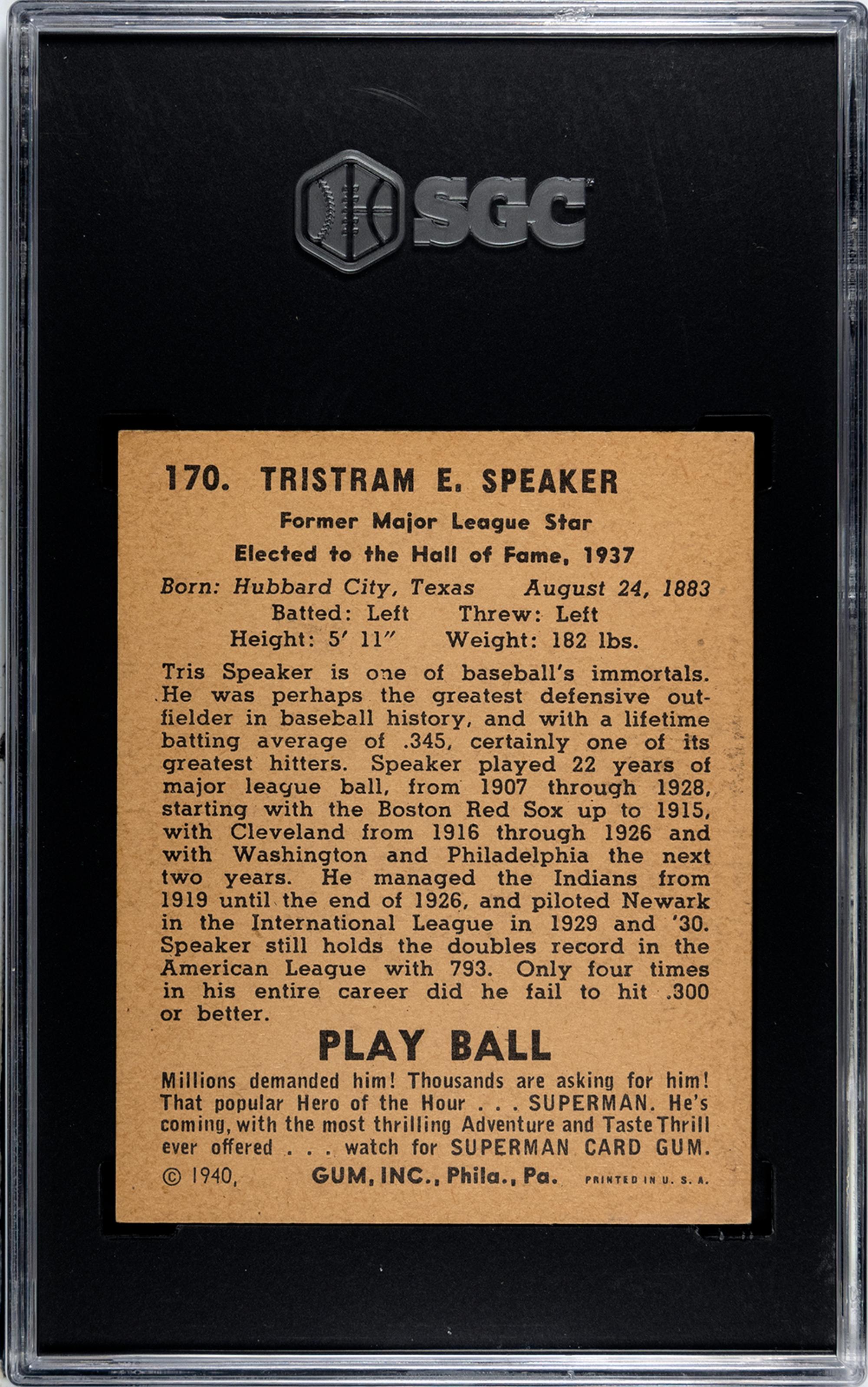 A 1940 Play Ball Tris Speaker Baseball Card No. 170 (SGC 6 EX/NM)