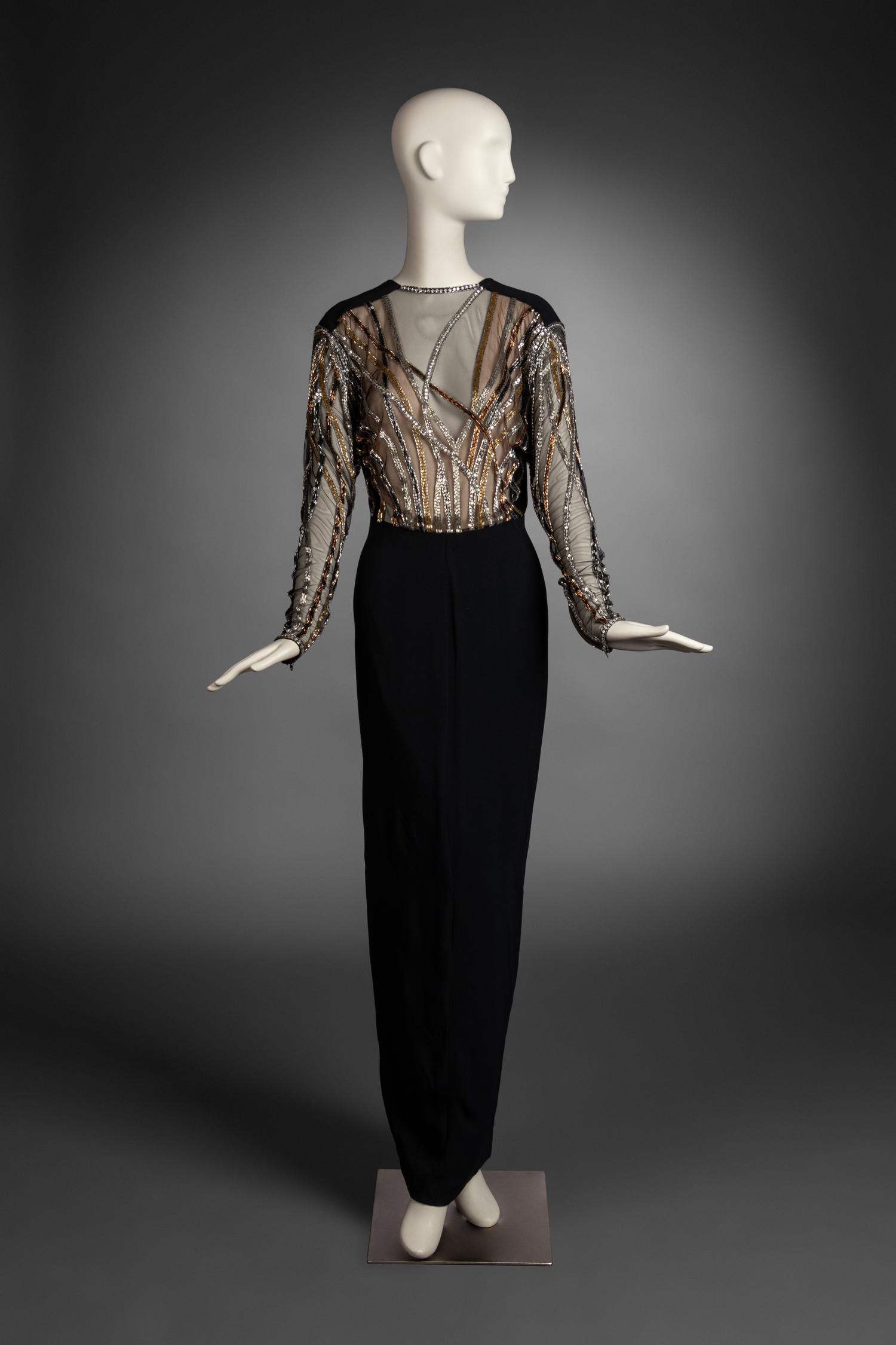 Bob Mackie Pleated V-Neck Dress with Embellished Sleeves, 1980-90s