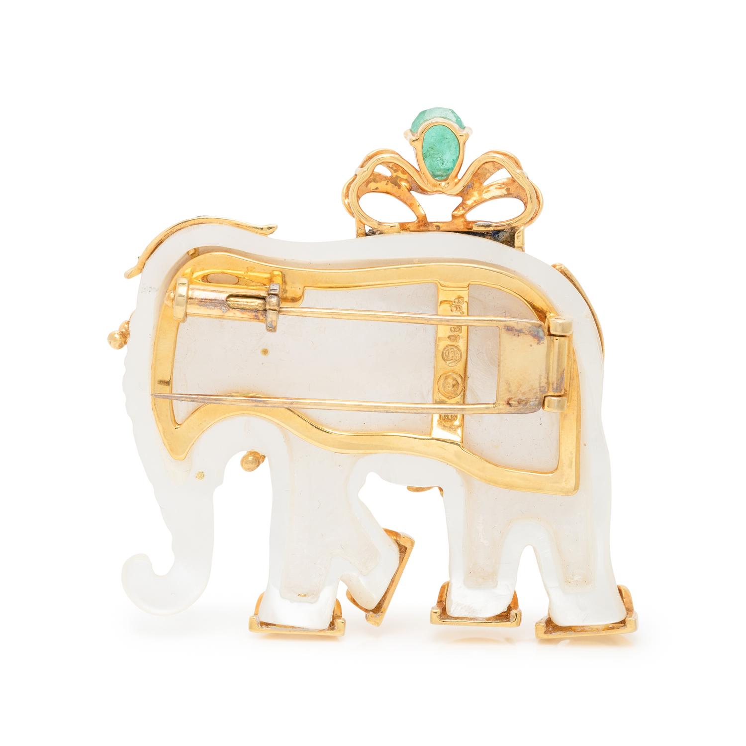 MOTHER-OF-PEARL, MULTIGEM, AND YELLOW GOLD ELEPHANT BROOCH