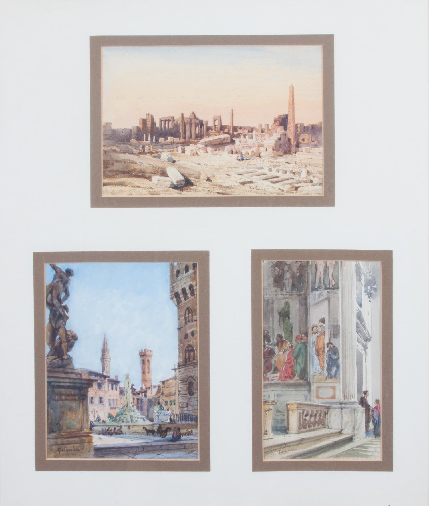 Gabriele Carelli, (Italian, 1820-1900), Three works framed together, comprising Italian Ruins, Italian Piazza and Interior of Italian C