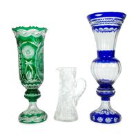 Two Continental Color Cut-to-Clear Glass Vases and a Cut Glass Pitcher — 20TH CENTURY