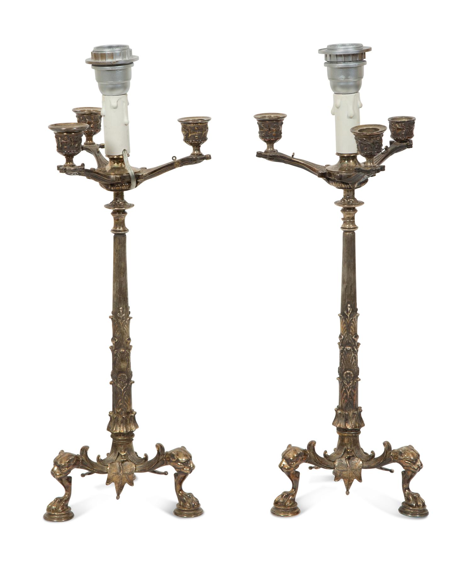 A Pair of Grand Tour Silvered Bronze Candelabra Mounted as Lamps