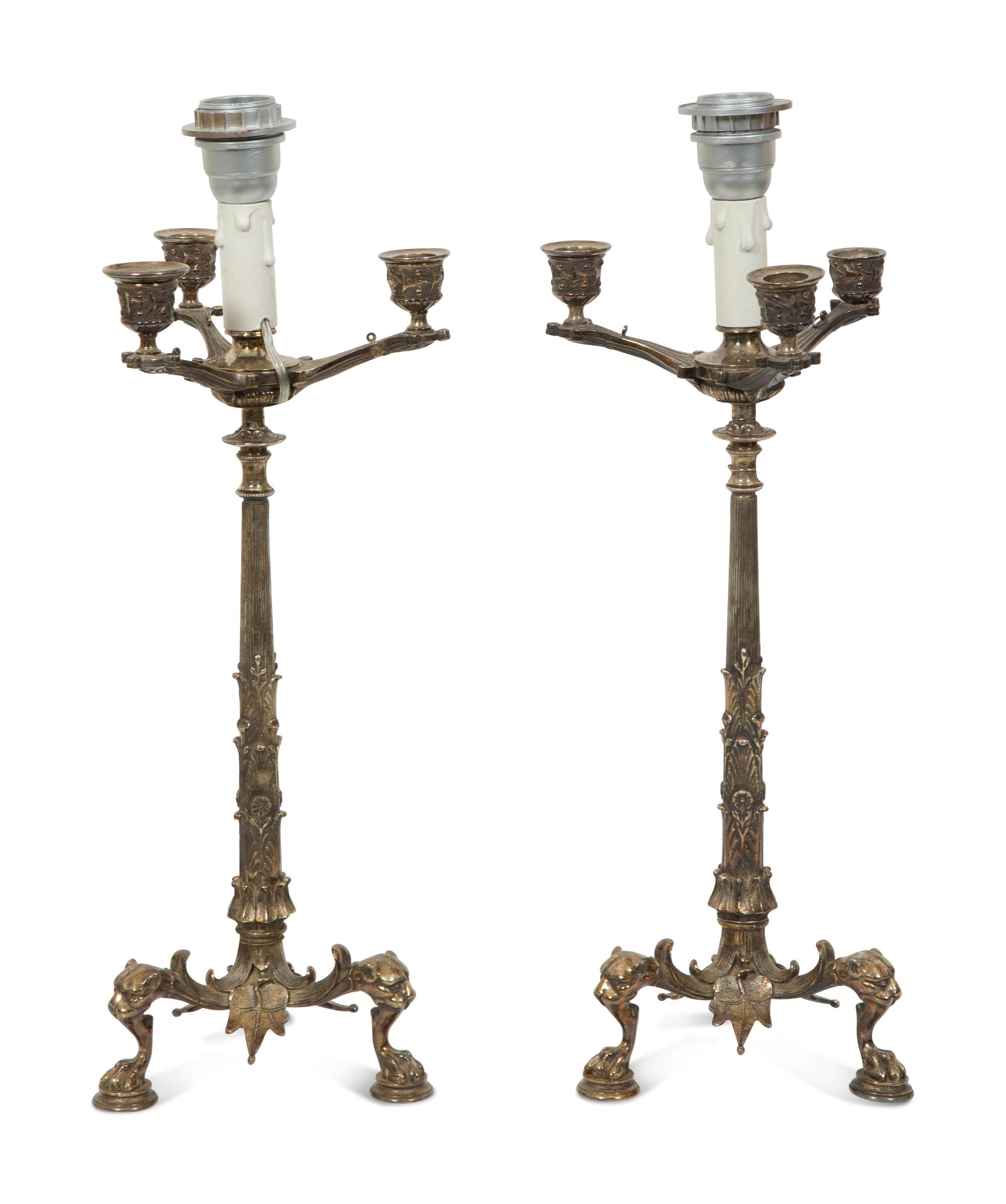 A Pair of Grand Tour Silvered Bronze Candelabra Mounted as Lamps