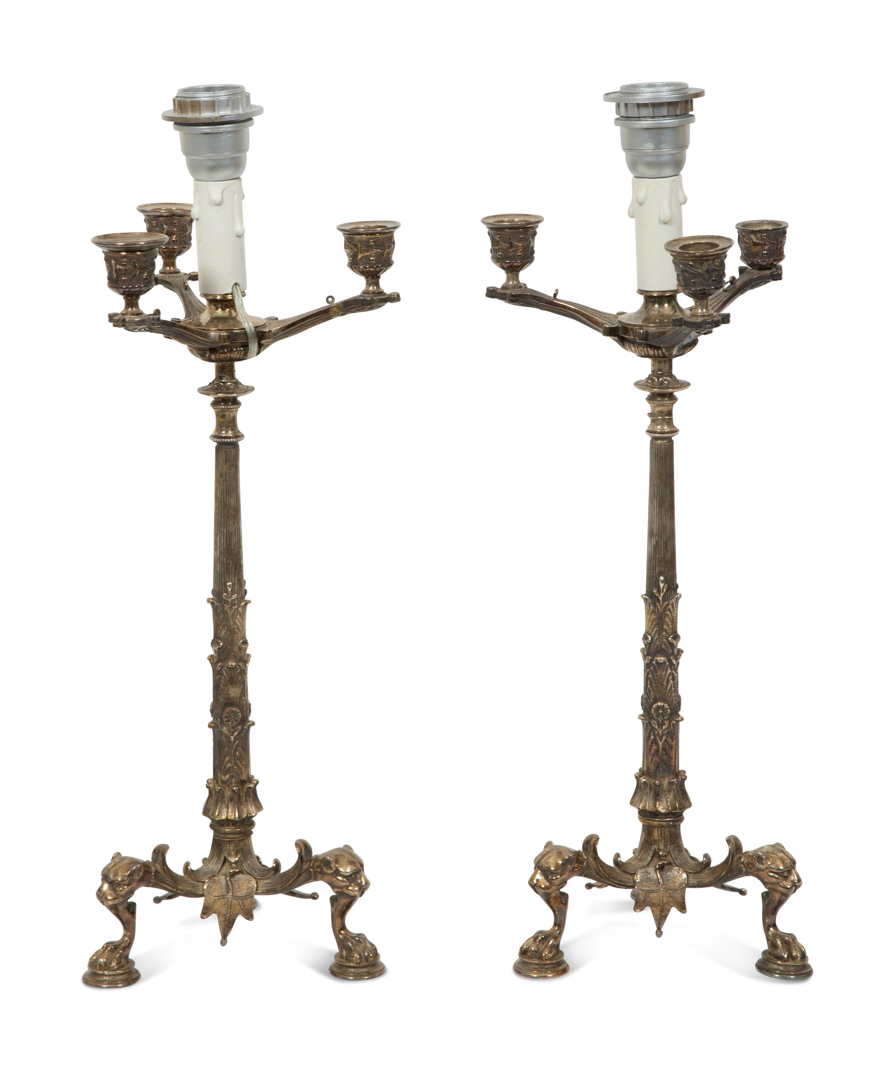 A Pair of Grand Tour Silvered Bronze Candelabra Mounted as Lamps