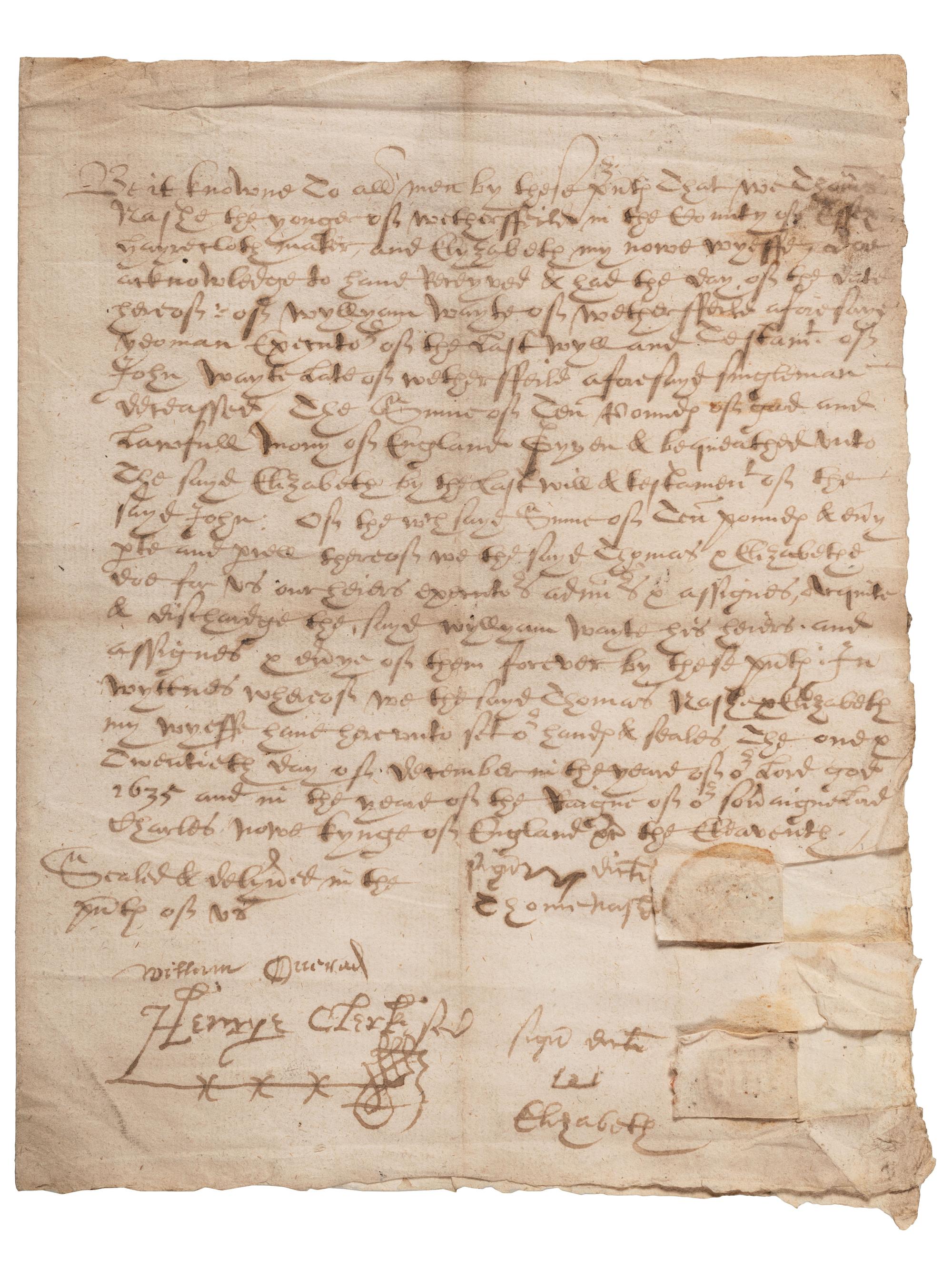 [ENGLAND]. Last will and testament, 16-17th century.