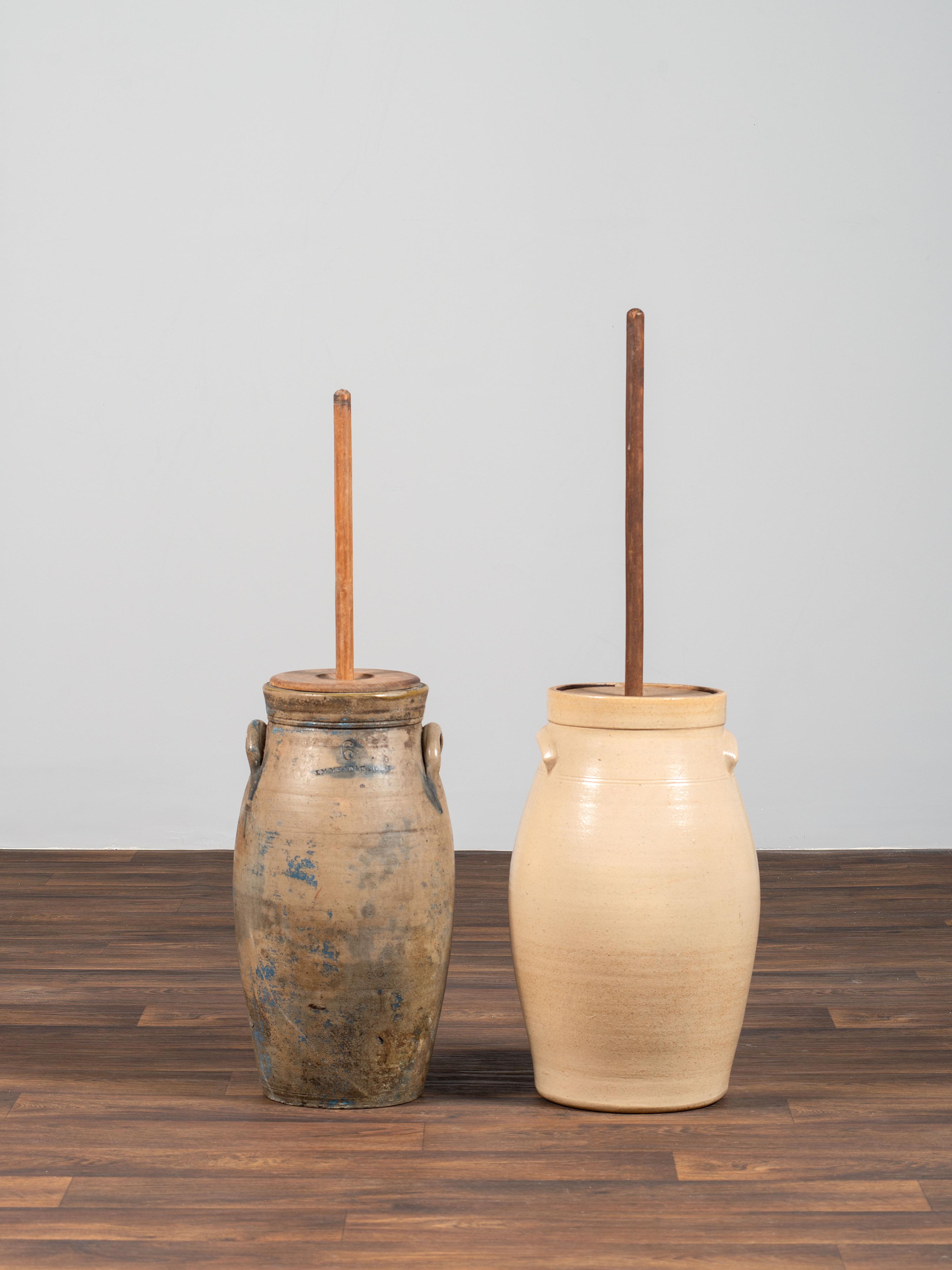 Two Cobalt Decorated Six-Gallon Stoneware Churns