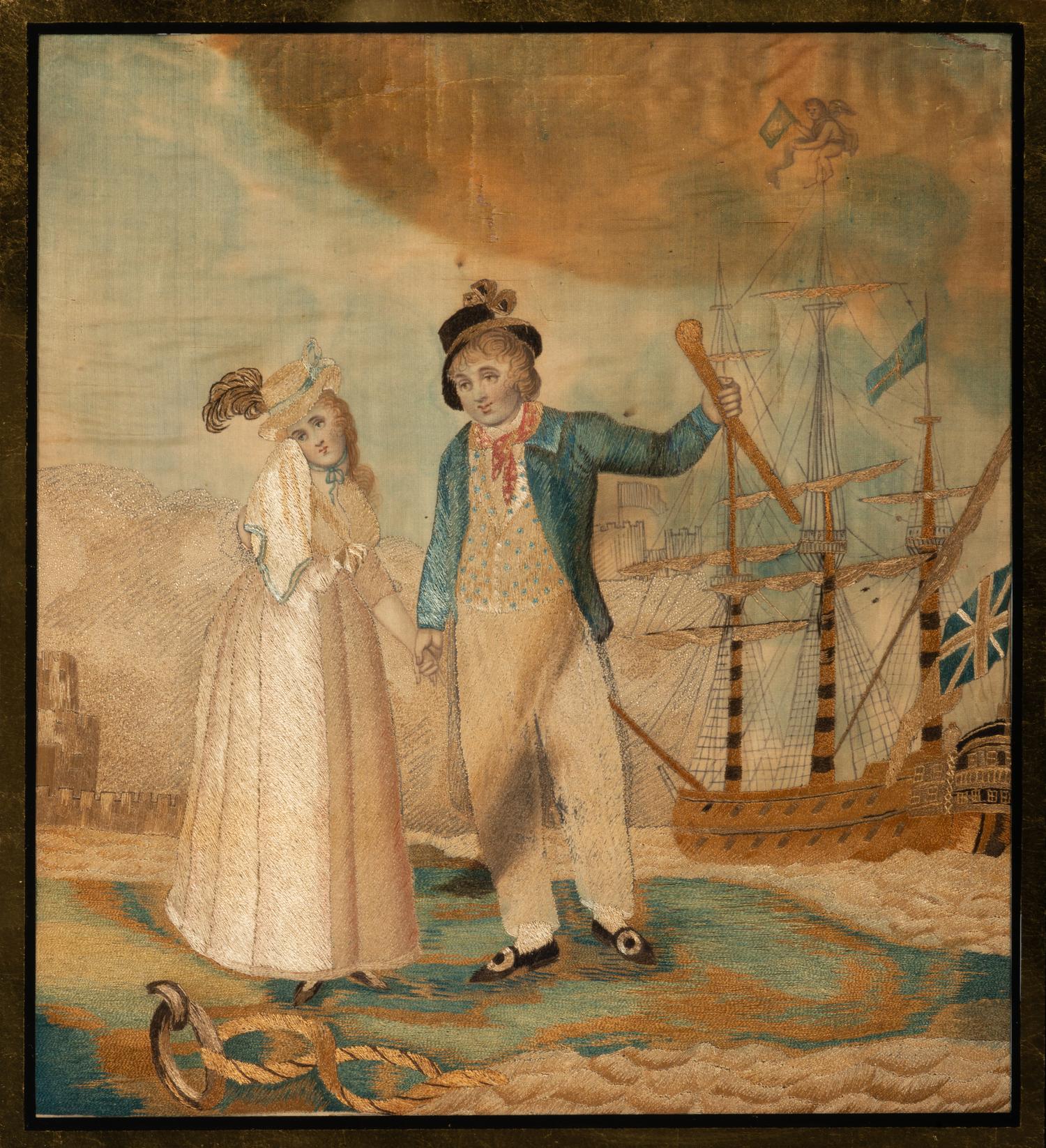 An English Silkwork Embroidered 'Sailor at Port' Picture