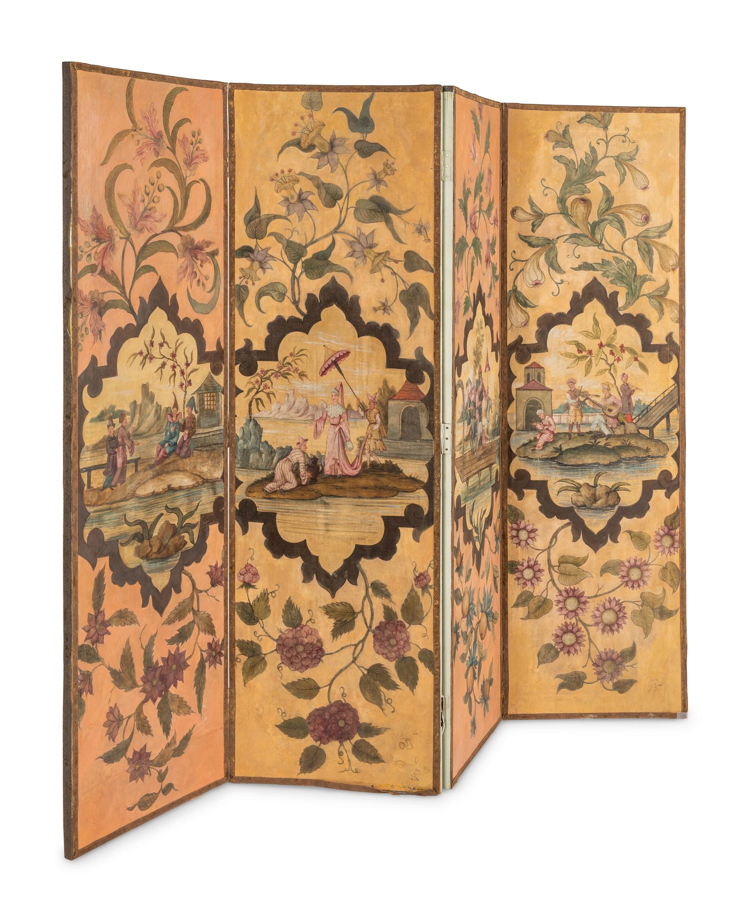 A Polychrome Decorated Four-Panel Screen