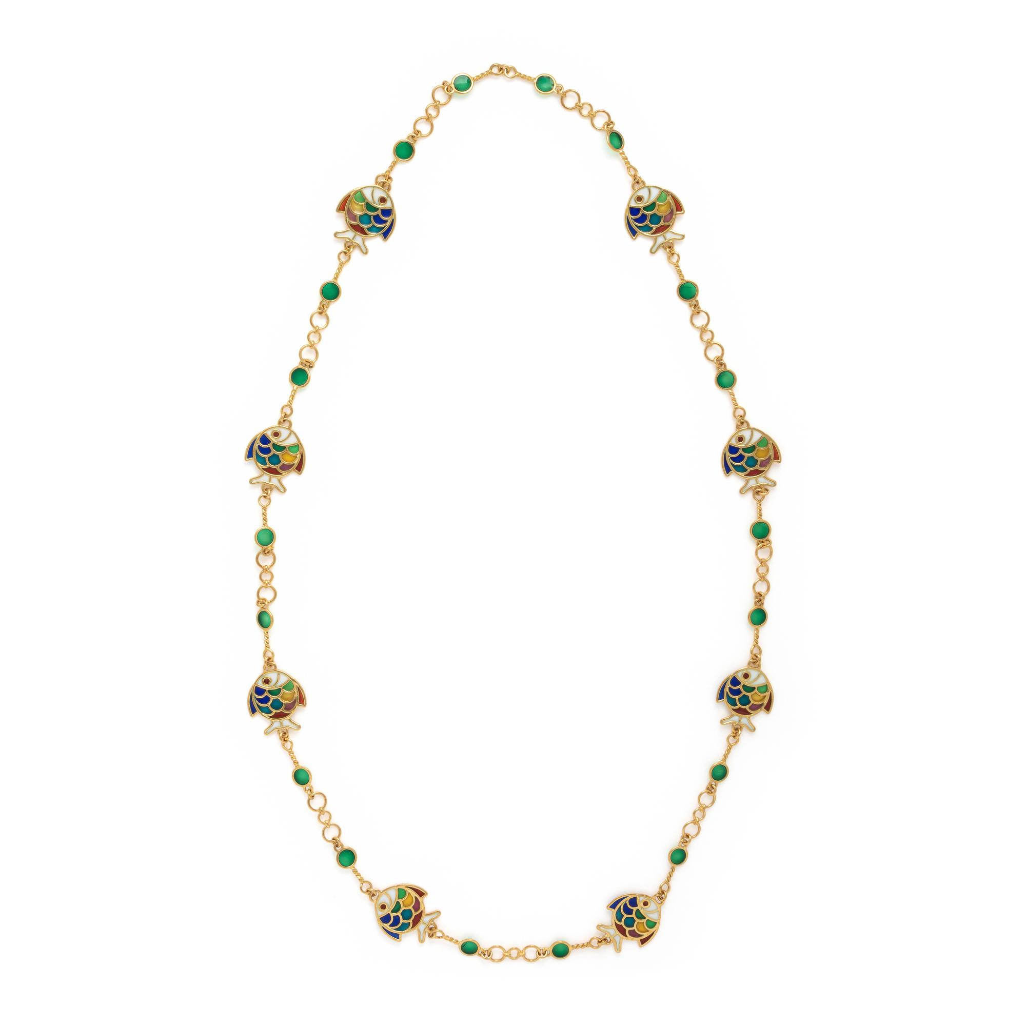 Plique-à-Jour Enamel and Yellow Gold Fish Motif Necklace