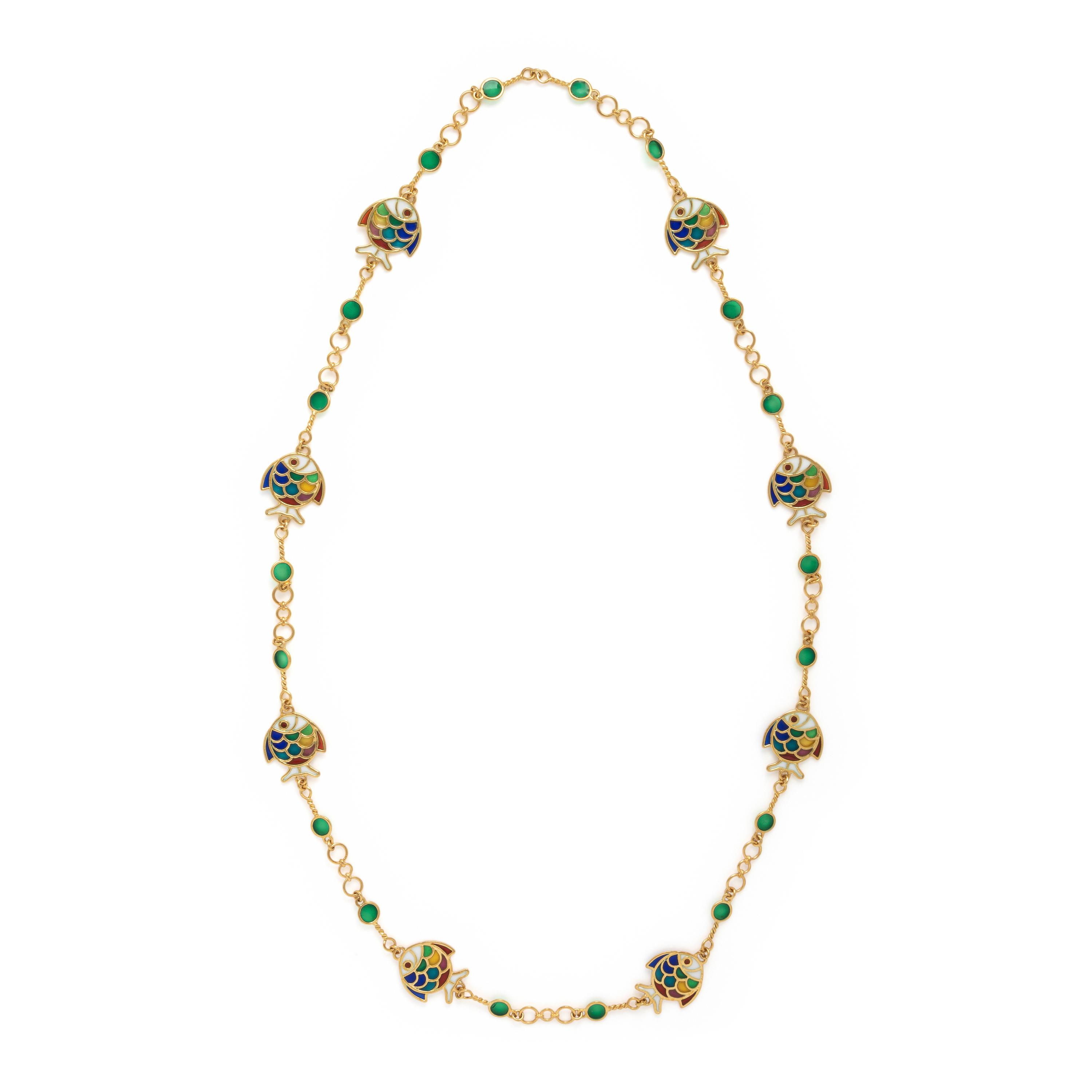 Plique-à-Jour Enamel and Yellow Gold Fish Motif Necklace