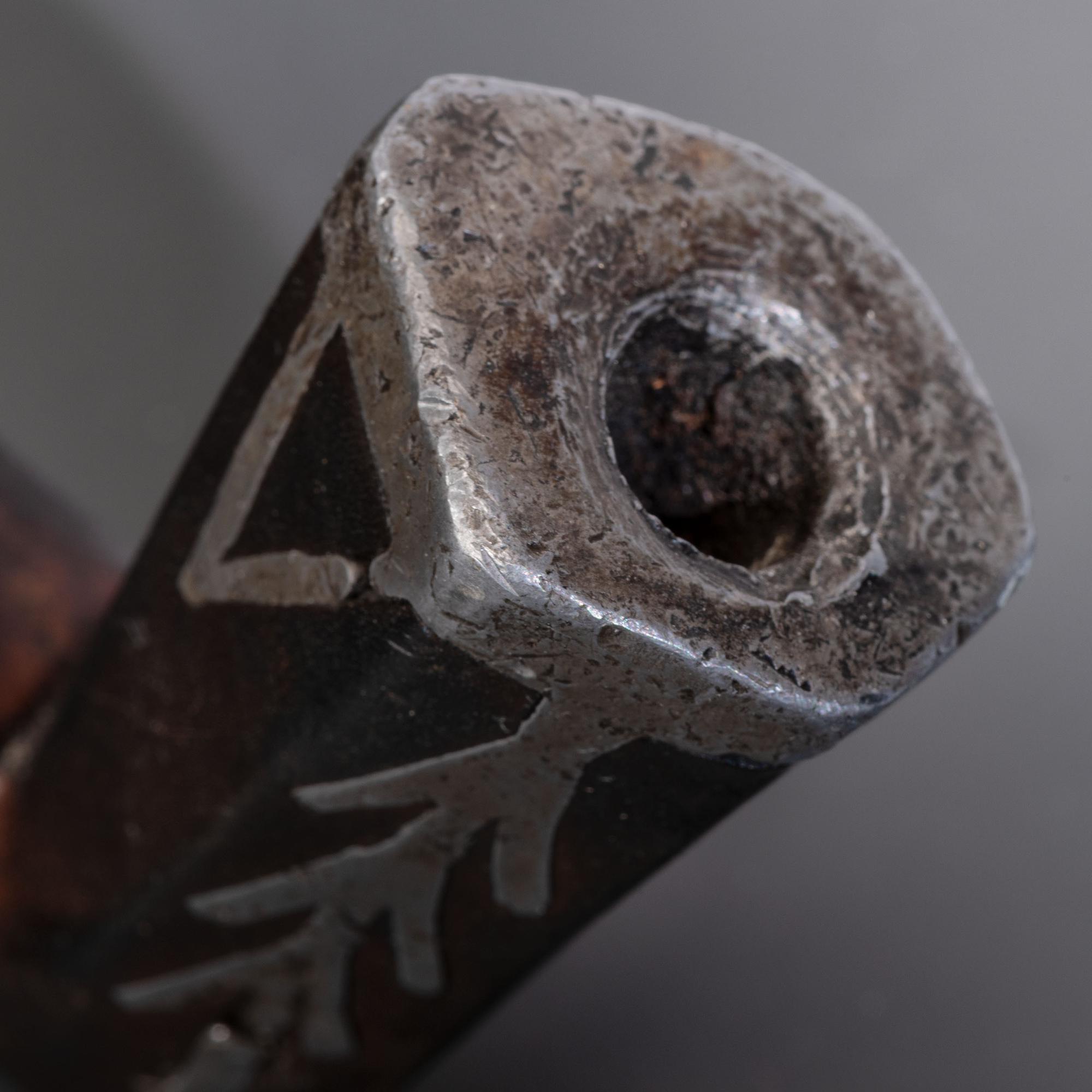 Monumental Ojibwe Calumet Pipe, with Fine Lead Inlay Burl Bowl