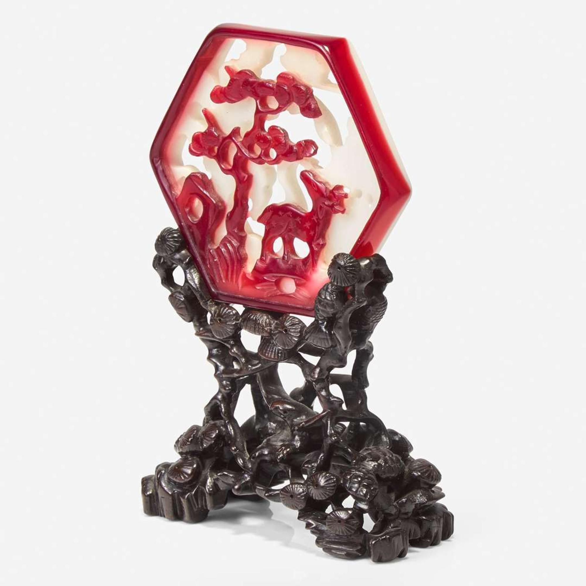 An unusual small Chinese ruby-overlay glass table screen with carved wood stand 紅白雙色琉璃硯屏及木底座 The glass Qing dynasty ?????