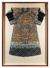 A Chinese Embroidered Silk Brown Ground Dragon Robe, Jifu Approximate height collar to hem 56 inches. — 19TH CENTURY