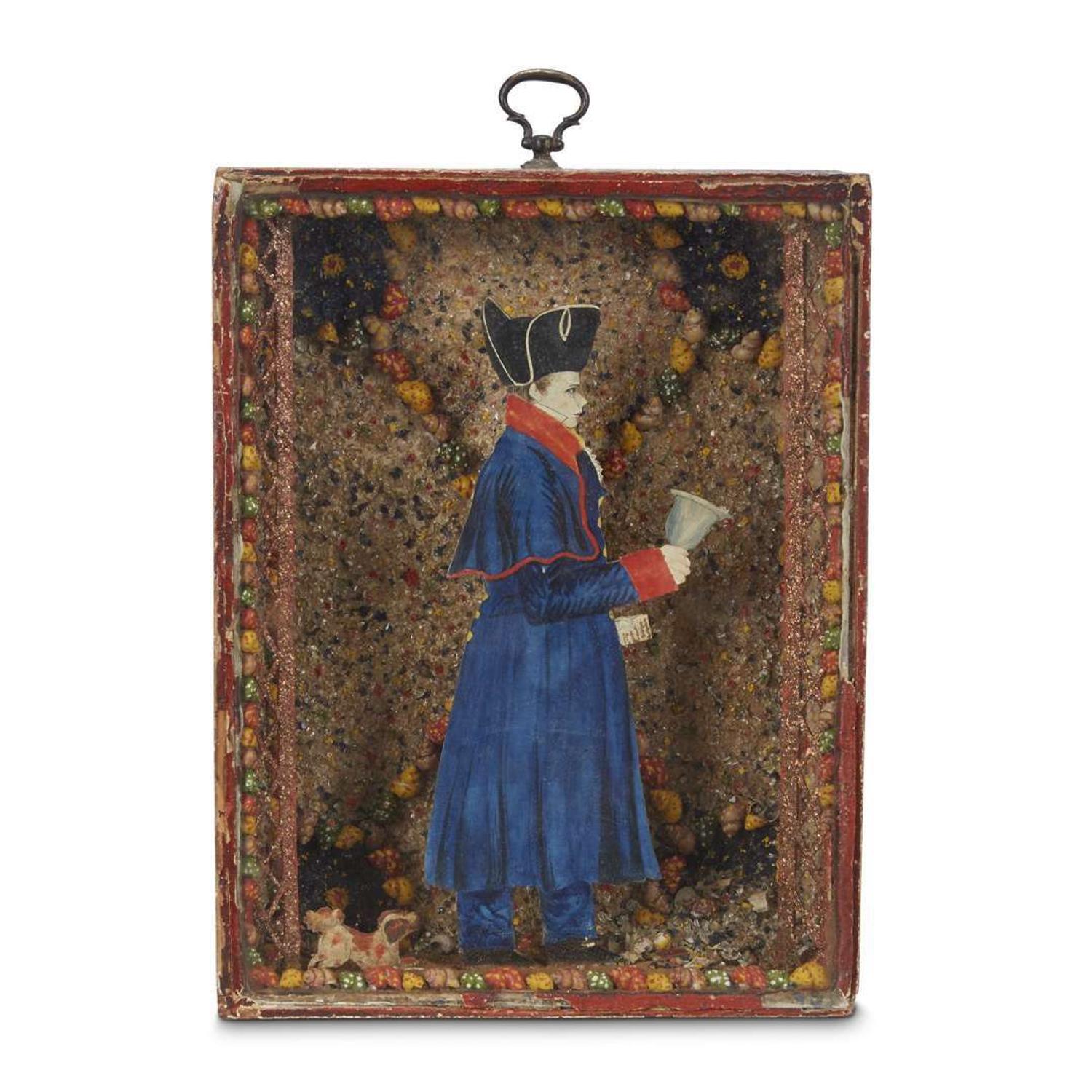 Shellwork shadow box with painted and silhouetted figure of a town crier William Harding, England, second quarter 19th century
