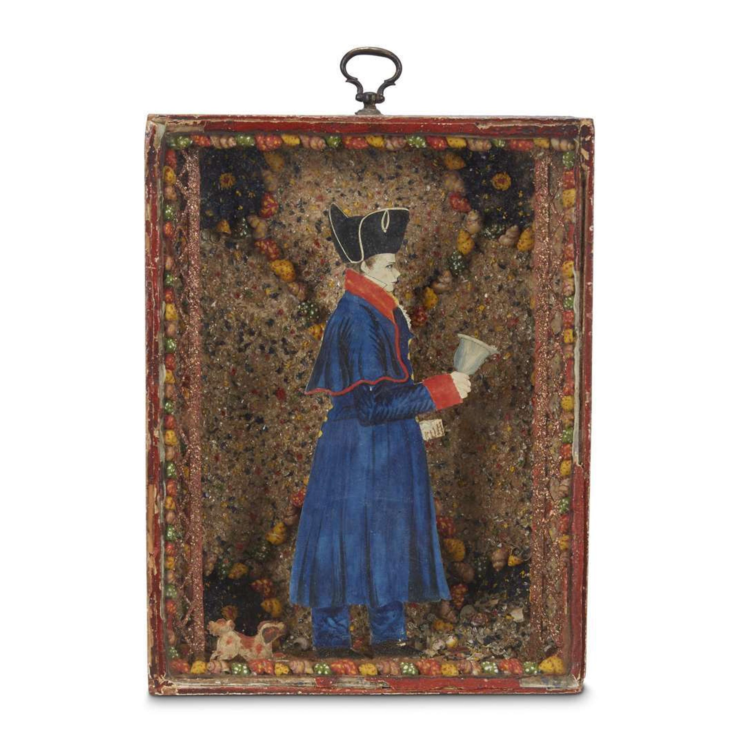 Shellwork shadow box with painted and silhouetted figure of a town crier William Harding, England, second quarter 19th century