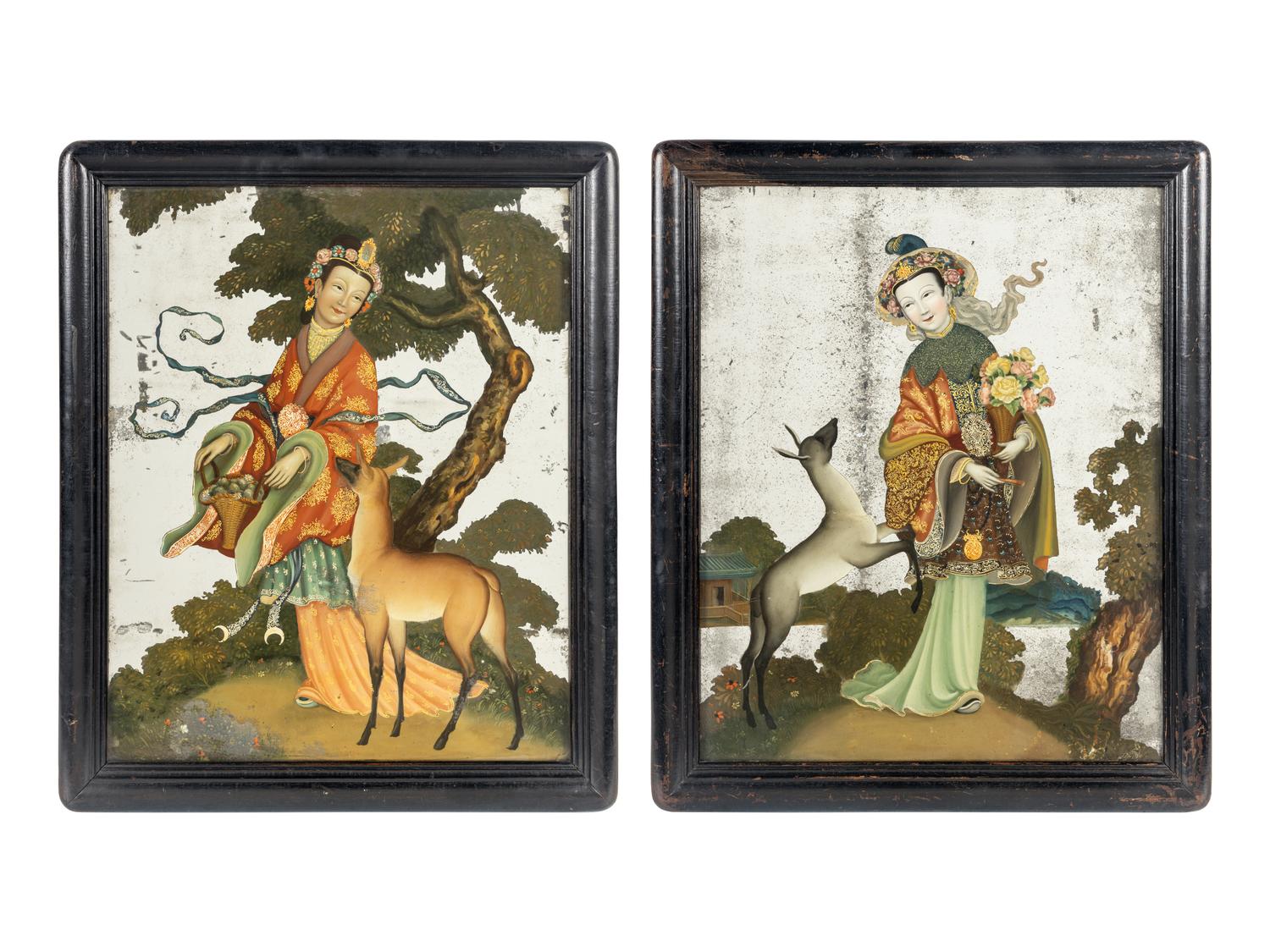 A Pair of Chinese Export Reverse-Painted Mirrors