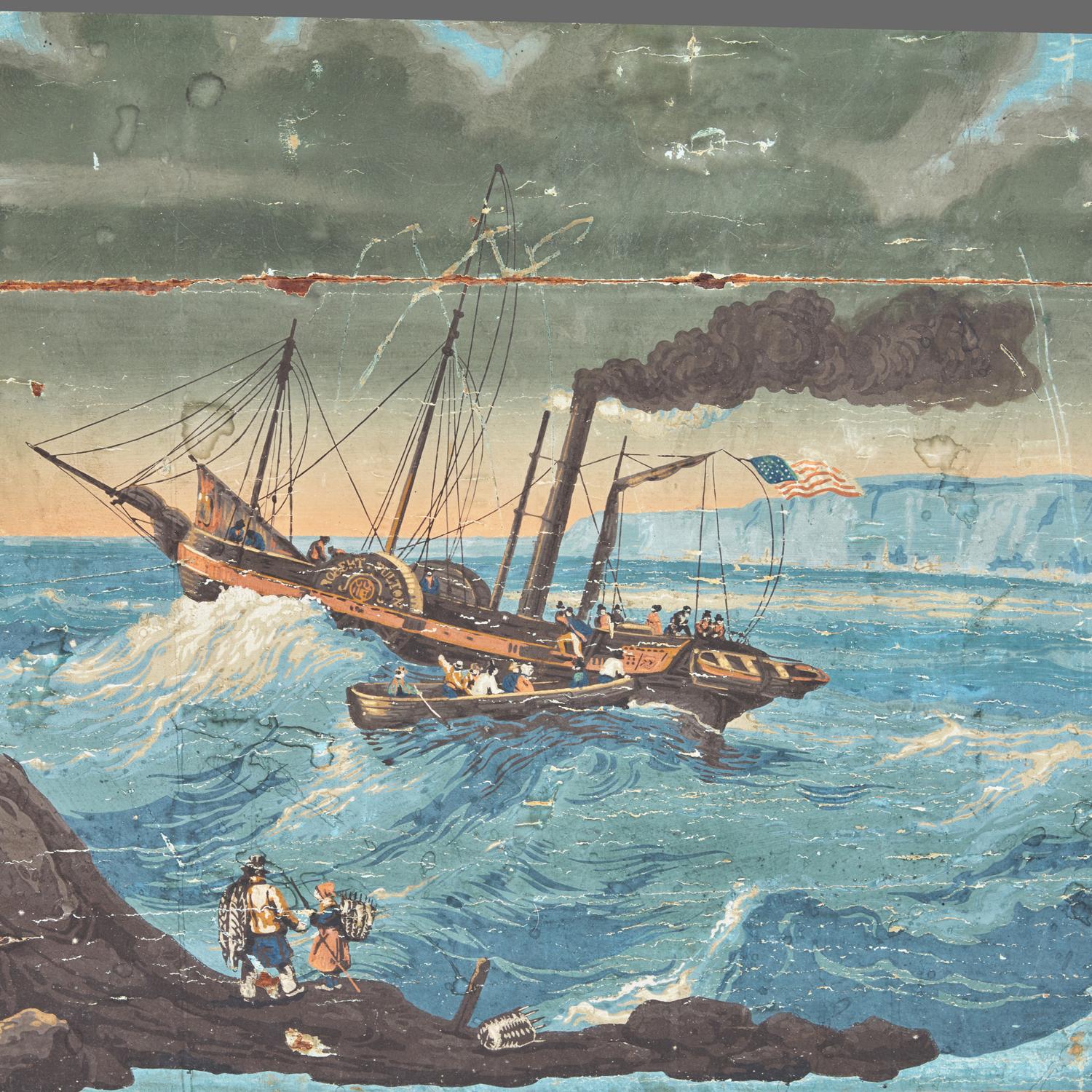 A Wallpaper-Covered Fireboard Depicting the "Robert Fulton" in Rough Waters