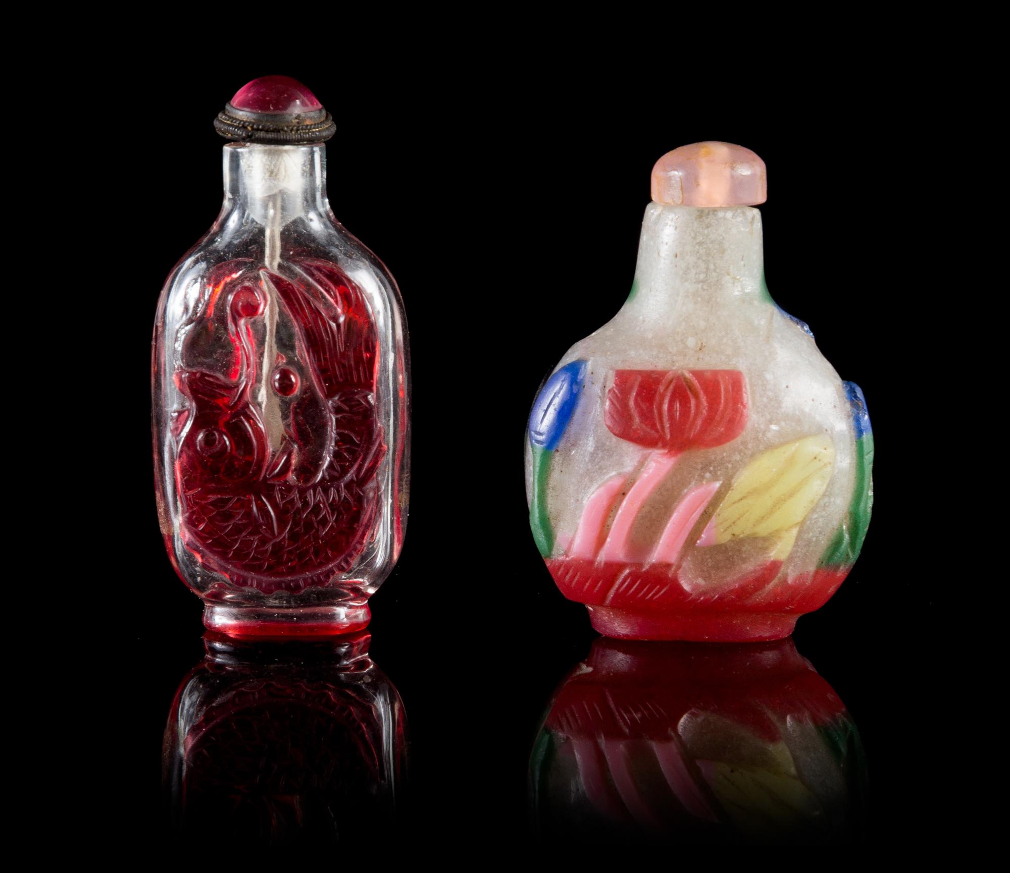 Two Peking Glass Snuff Bottles Height of larger 2 5/8 inches.