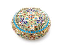 A Russian Silver and Enamel Snuff Box, Maker's mark Cyrillic IX, kokoshnik mark of Ivan Lebedkin, Moscow, of circular form, having a gi
