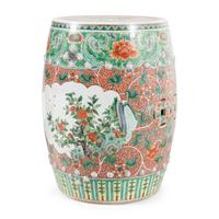 A Pair of Chinese Burlwood Top Hardwood Garden Stools and a Famille Rose Porcelain Garden Stool, Gudeng, 20th Century 近代 鼓凳一組三件