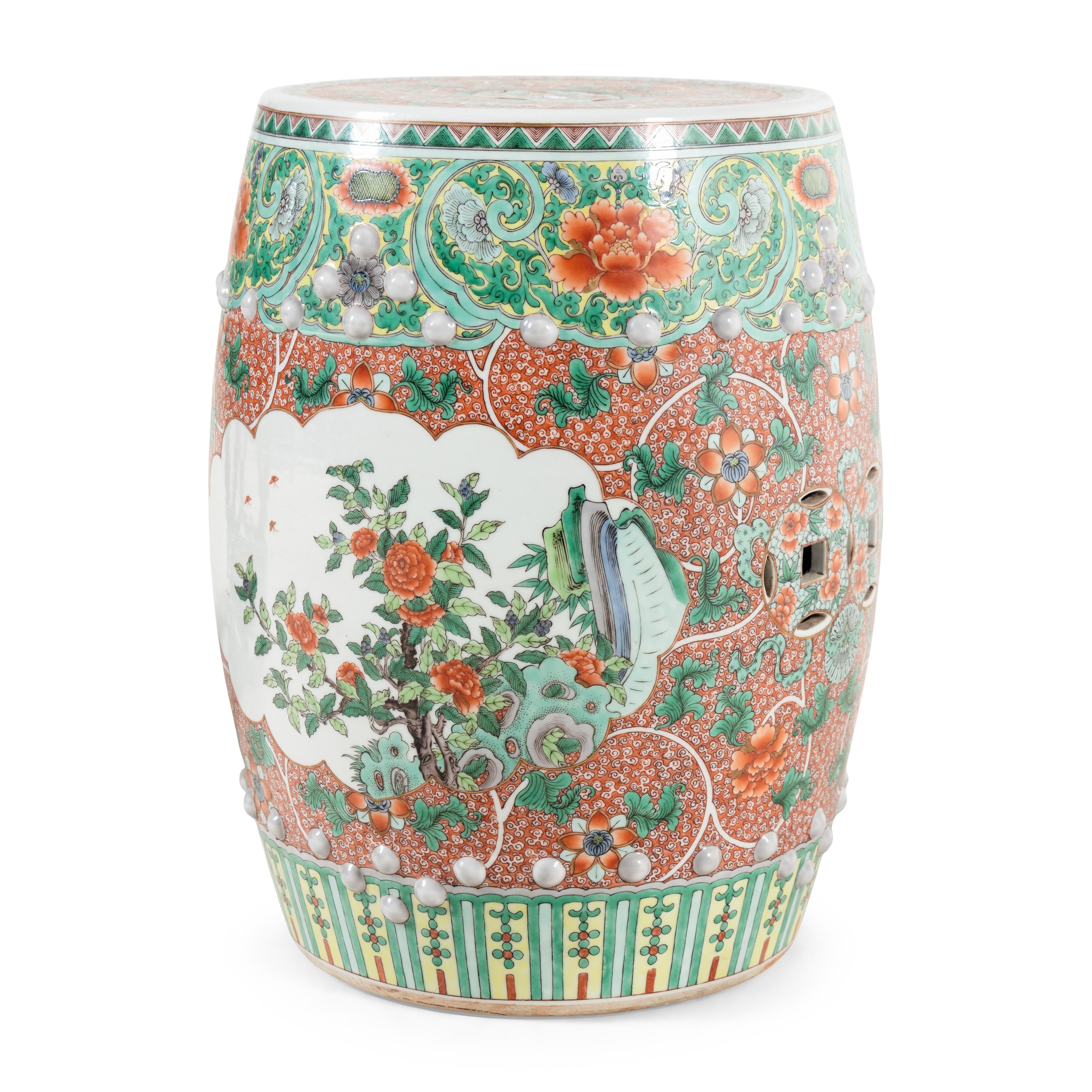 A Pair of Chinese Burlwood Top Hardwood Garden Stools and a Famille Rose Porcelain Garden Stool, Gudeng, 20th Century 近代 鼓凳一組三件